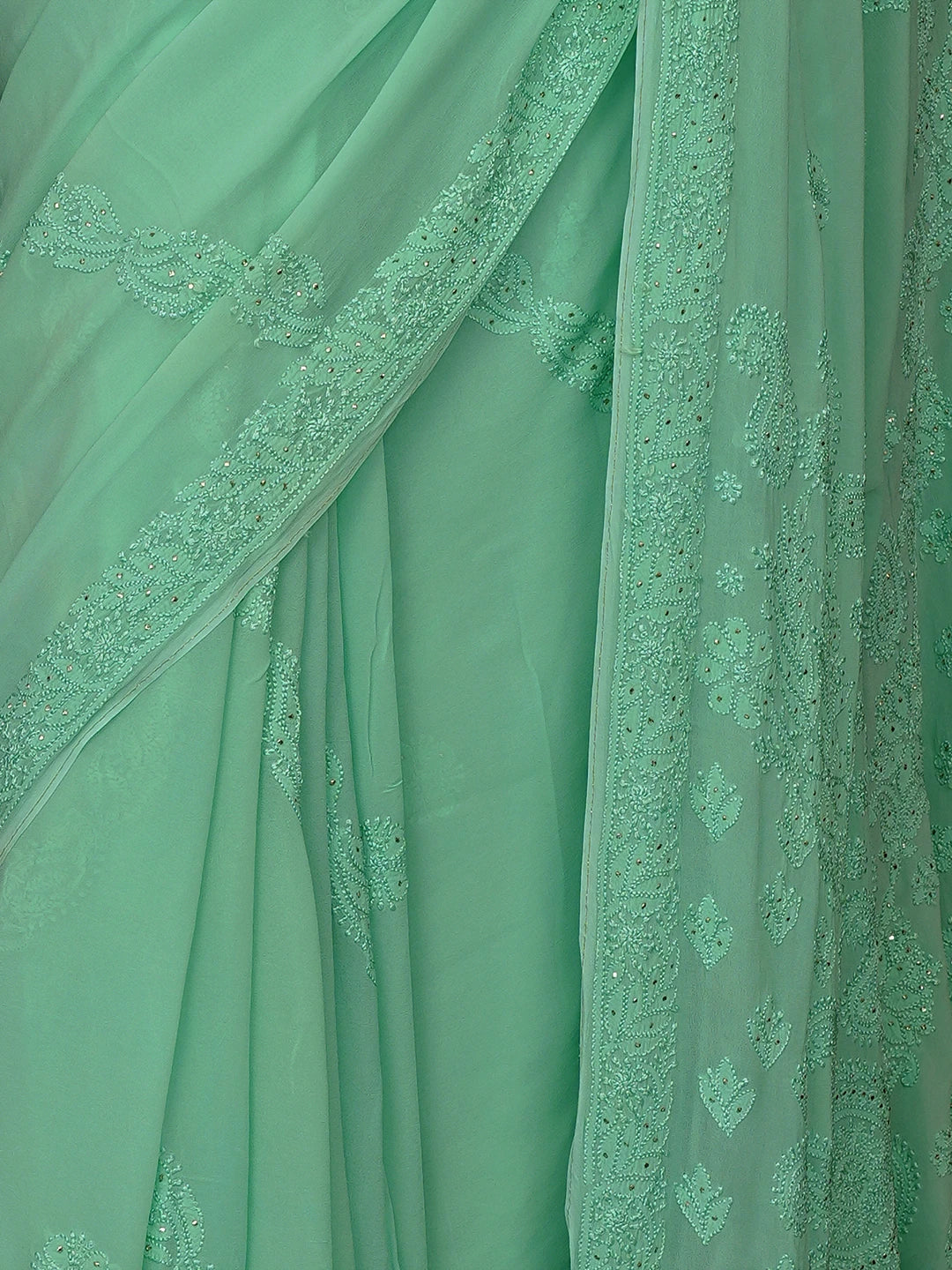 Ada Hand Embroidered Sea Green Viscose Georgette Lucknowi Chikankari Saree/Blouse With Mukaish Work 01A640899