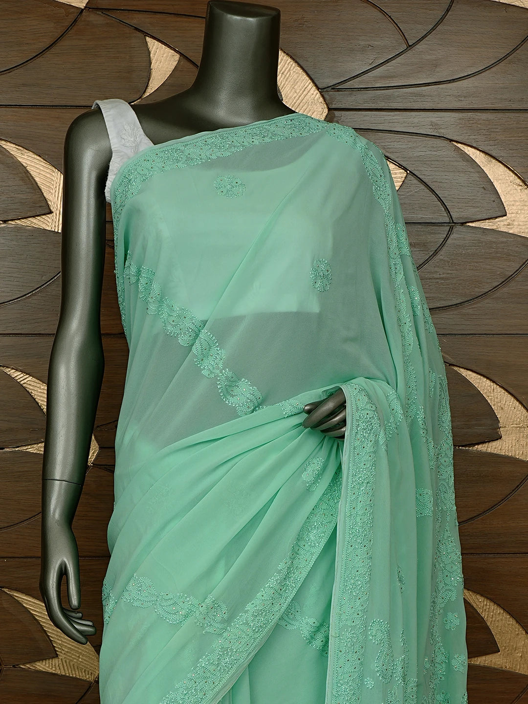 Ada Hand Embroidered Sea Green Viscose Georgette Lucknowi Chikankari Saree/Blouse With Mukaish Work 01A640899