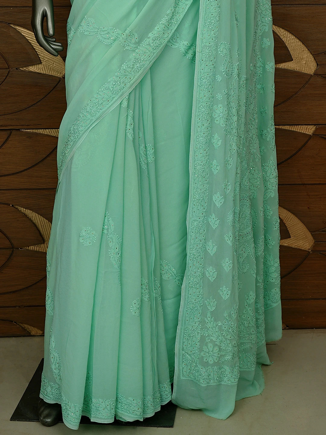 Ada Hand Embroidered Sea Green Viscose Georgette Lucknowi Chikankari Saree/Blouse With Mukaish Work 01A640899