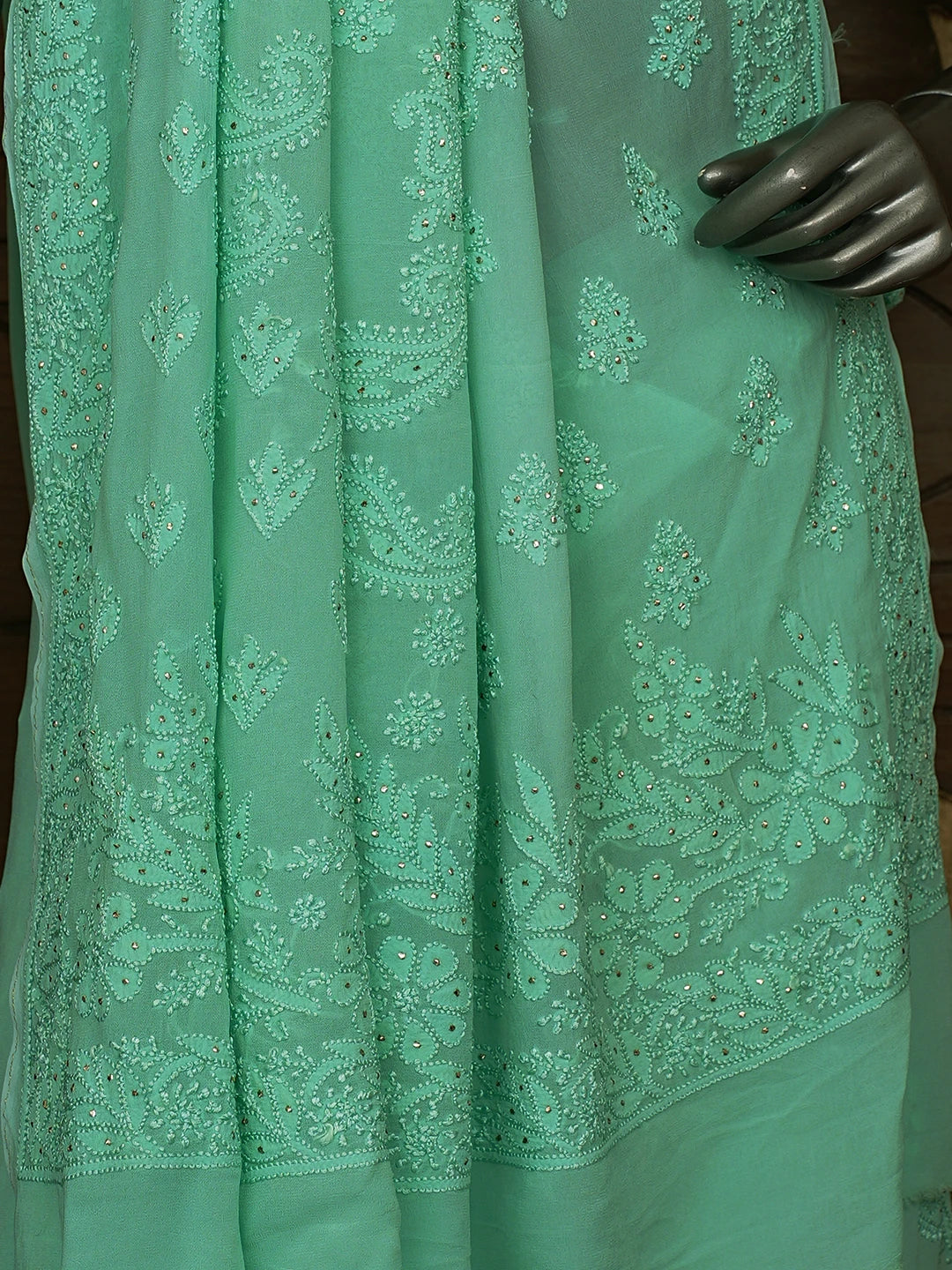 Ada Hand Embroidered Sea Green Viscose Georgette Lucknowi Chikankari Saree/Blouse With Mukaish Work 01A640899