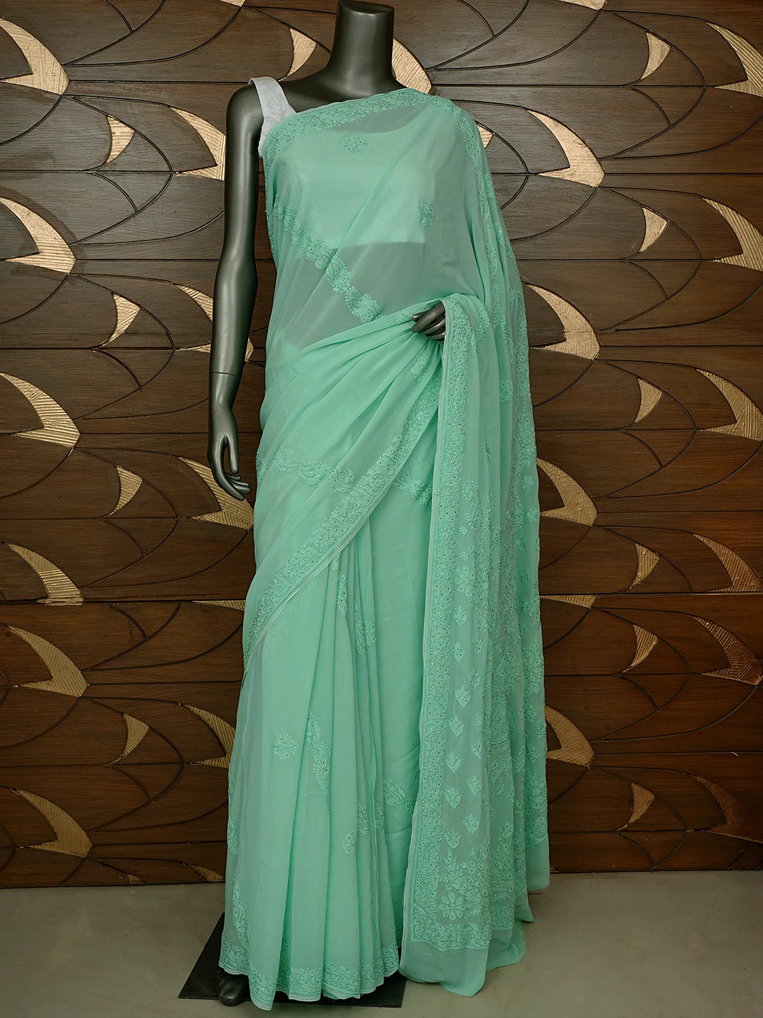 Ada Hand Embroidered Sea Green Viscose Georgette Lucknowi Chikankari Saree/Blouse With Mukaish Work 01A640899