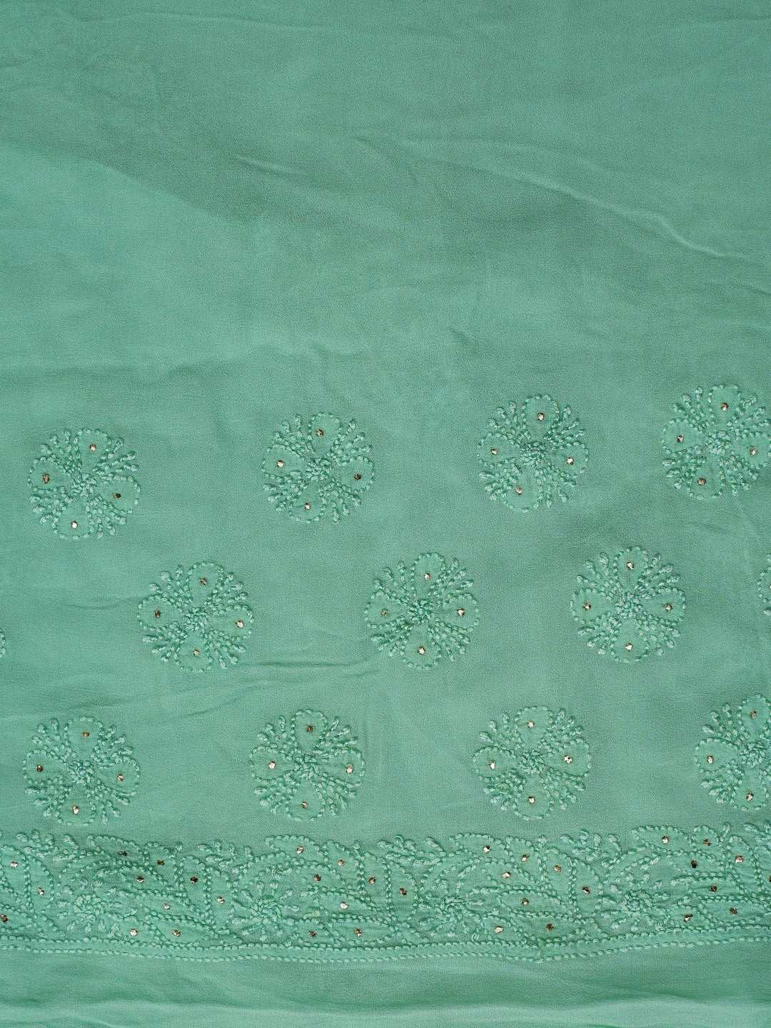 Ada Hand Embroidered Sea Green Viscose Georgette Lucknowi Chikankari Saree/Blouse With Mukaish Work 01A640899