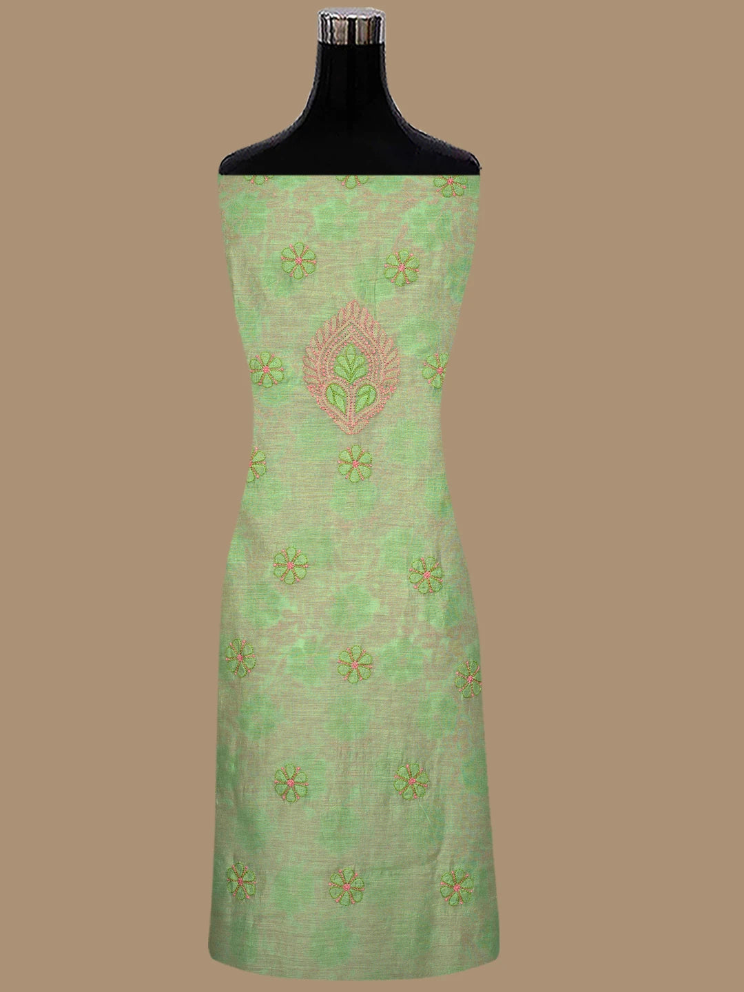 Ada Hand Embroidered Green Chanderi Lucknowi Chikankari Unstitched Kurta Dupatta Set 01A763857