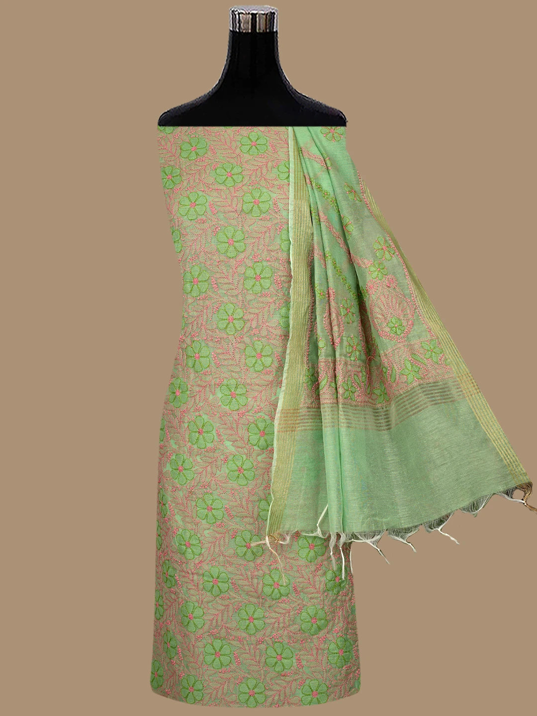 Ada Hand Embroidered Green Chanderi Lucknowi Chikankari Unstitched Kurta Dupatta Set 01A763857