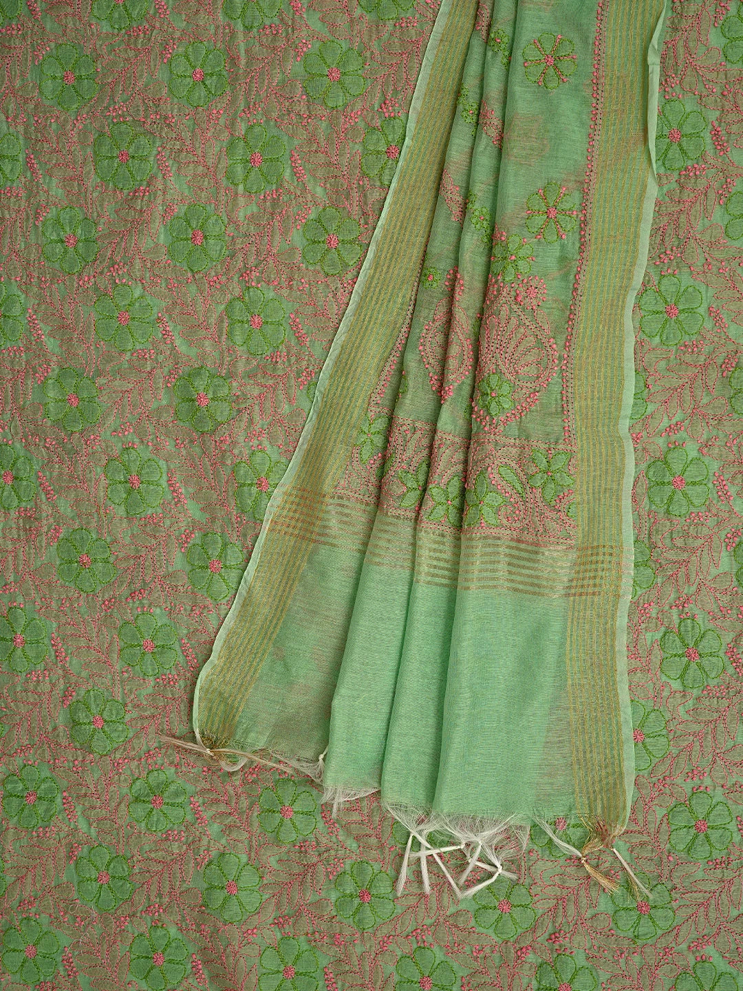 Ada Hand Embroidered Green Chanderi Lucknowi Chikankari Unstitched Kurta Dupatta Set 01A763857
