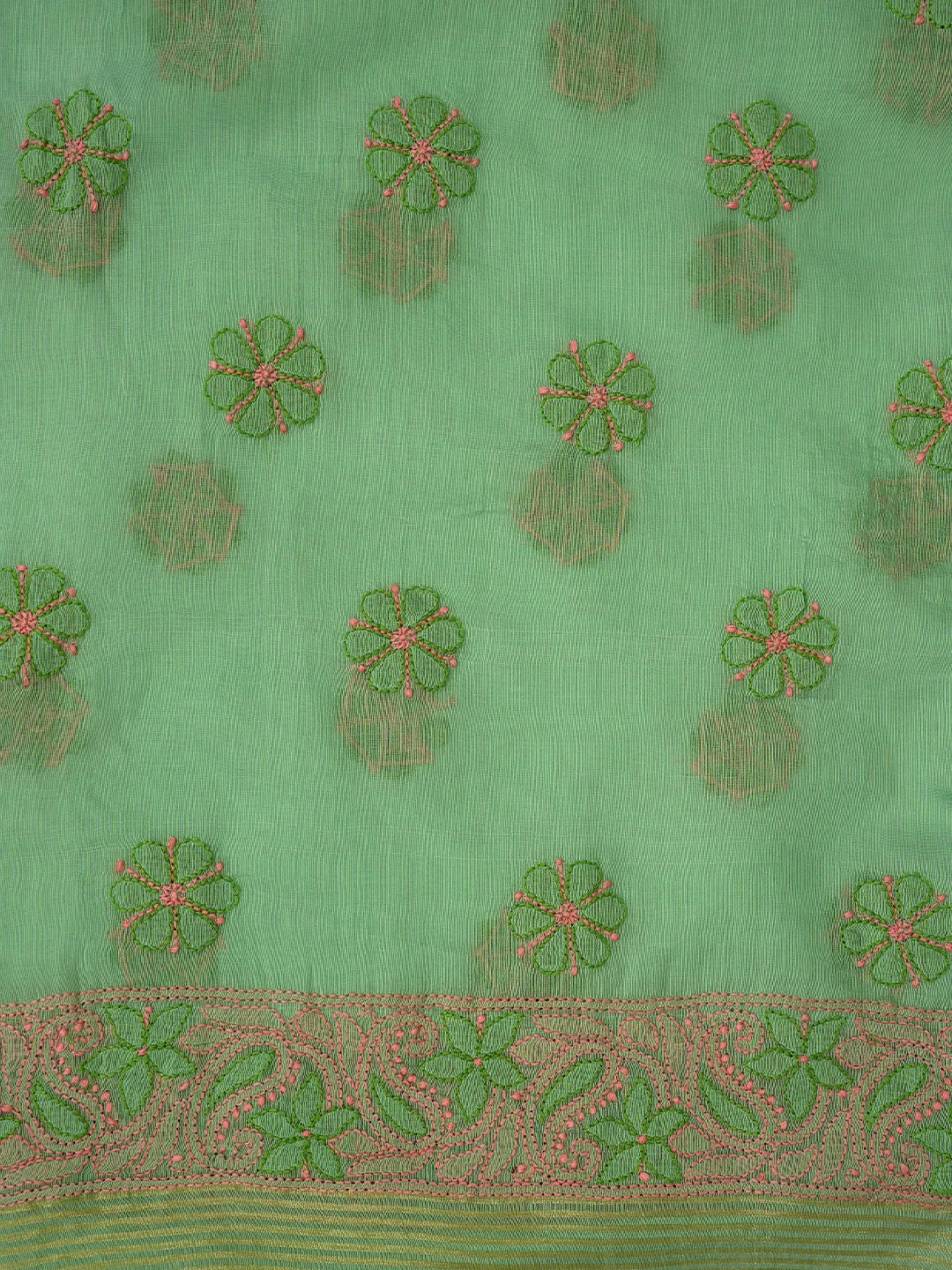 Ada Hand Embroidered Green Chanderi Lucknowi Chikankari Unstitched Kurta Dupatta Set 01A763857