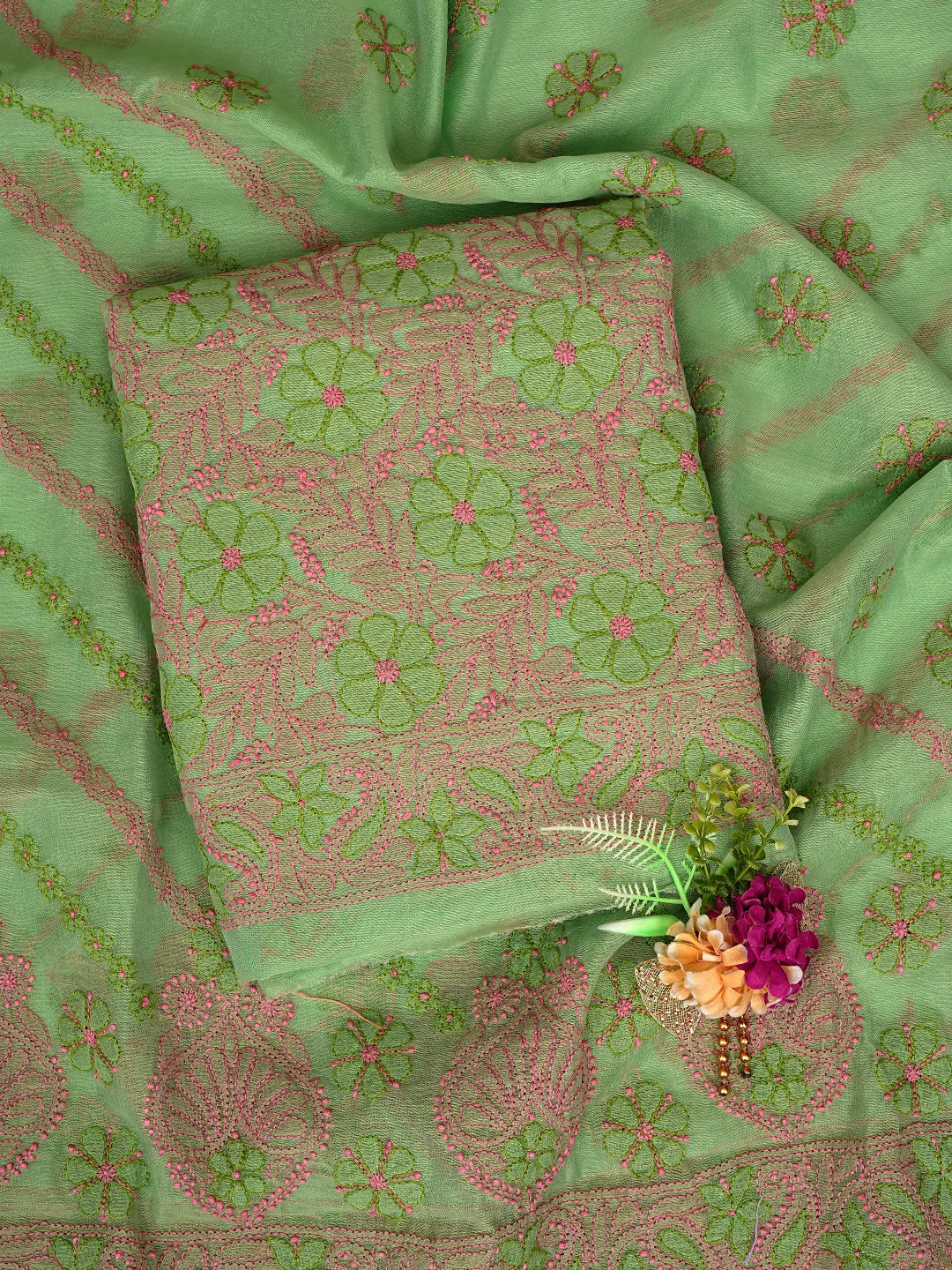 Ada Hand Embroidered Green Chanderi Lucknowi Chikankari Unstitched Kurta Dupatta Set 01A763857