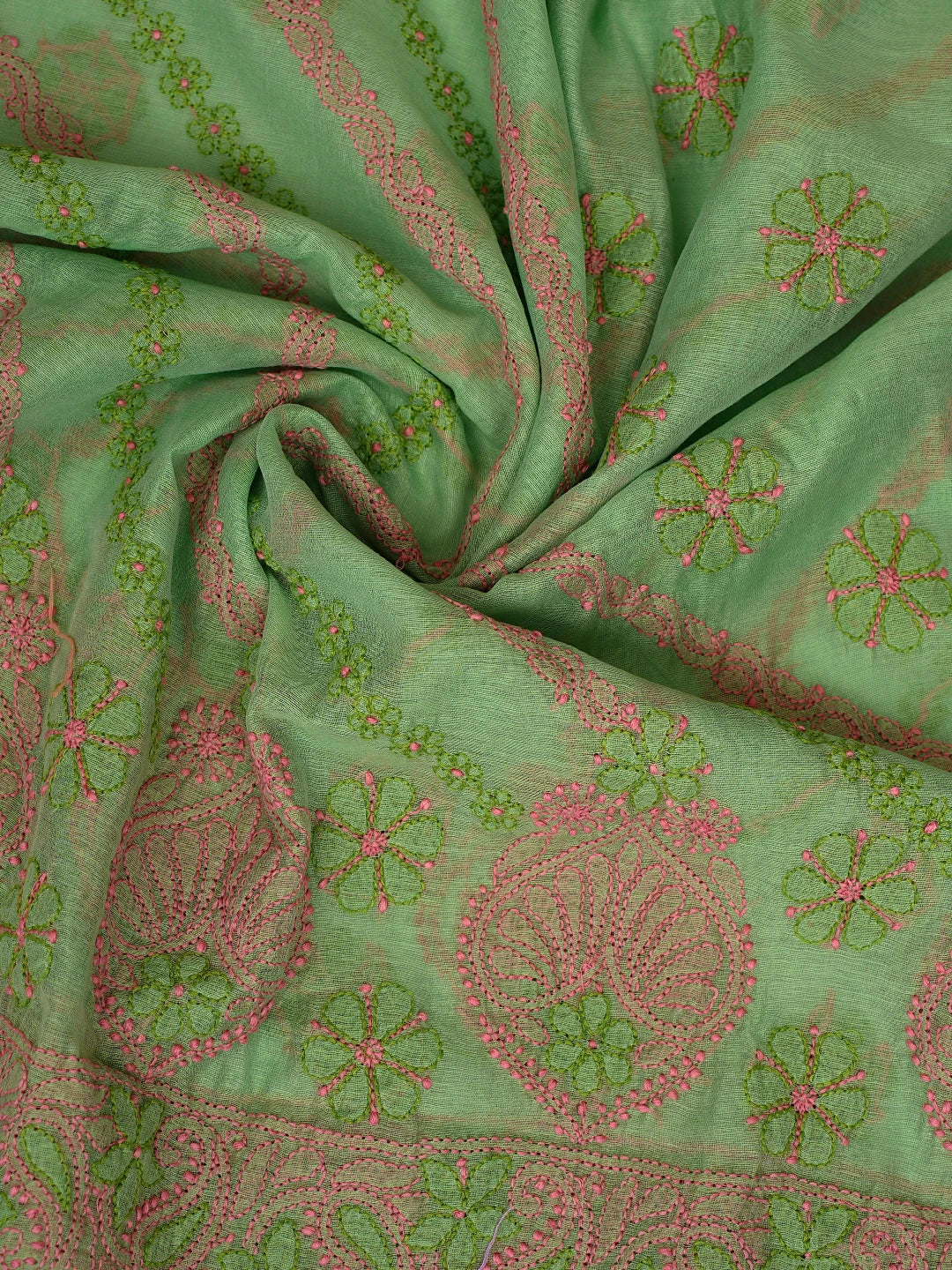 Ada Hand Embroidered Green Chanderi Lucknowi Chikankari Unstitched Kurta Dupatta Set 01A763857