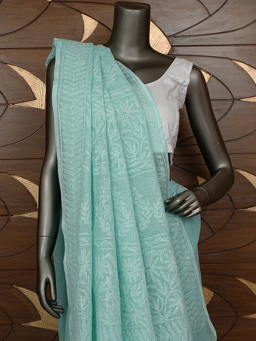 Ada Hand Embroidered Sea Green Kota Lucknowi Chikankari Saree With Blouse 01A820412