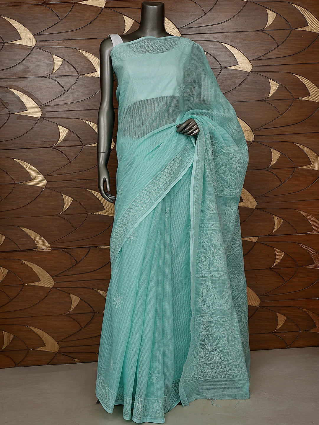 Ada Hand Embroidered Sea Green Kota Lucknowi Chikankari Saree With Blouse 01A820412