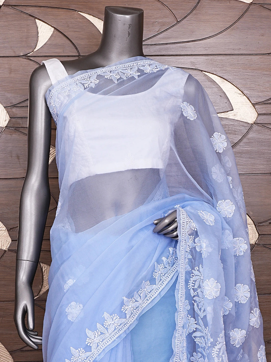 Ada Hand Embroidered Blue Organza Lucknowi Chikankari Saree and Blouse 01A772279
