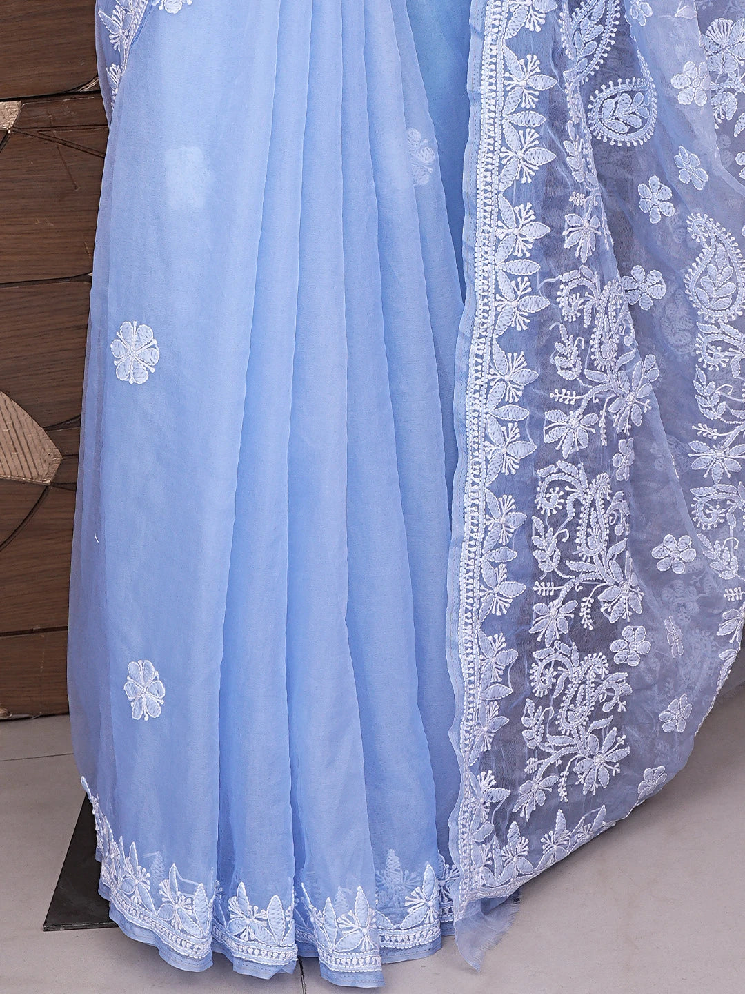 Ada Hand Embroidered Blue Organza Lucknowi Chikankari Saree and Blouse 01A772279