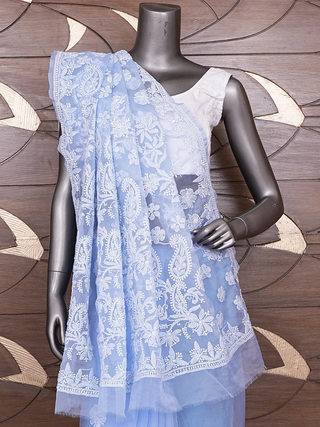 Ada Hand Embroidered Blue Organza Lucknowi Chikankari Saree and Blouse 01A772279