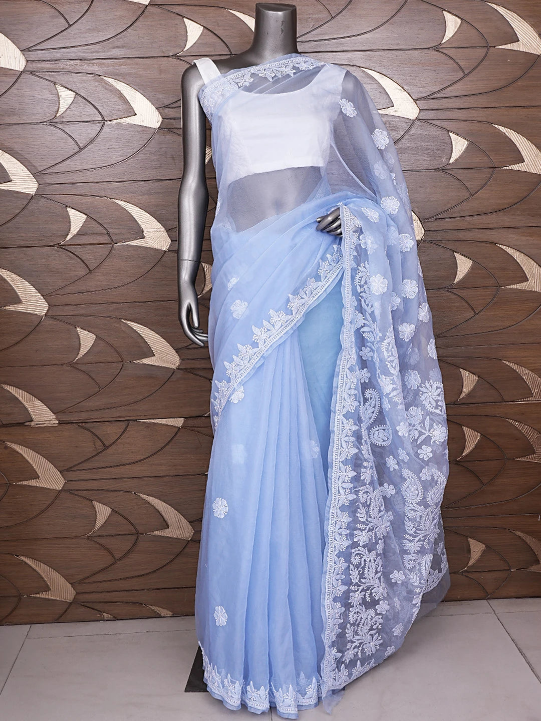 Ada Hand Embroidered Blue Organza Lucknowi Chikankari Saree and Blouse 01A772279