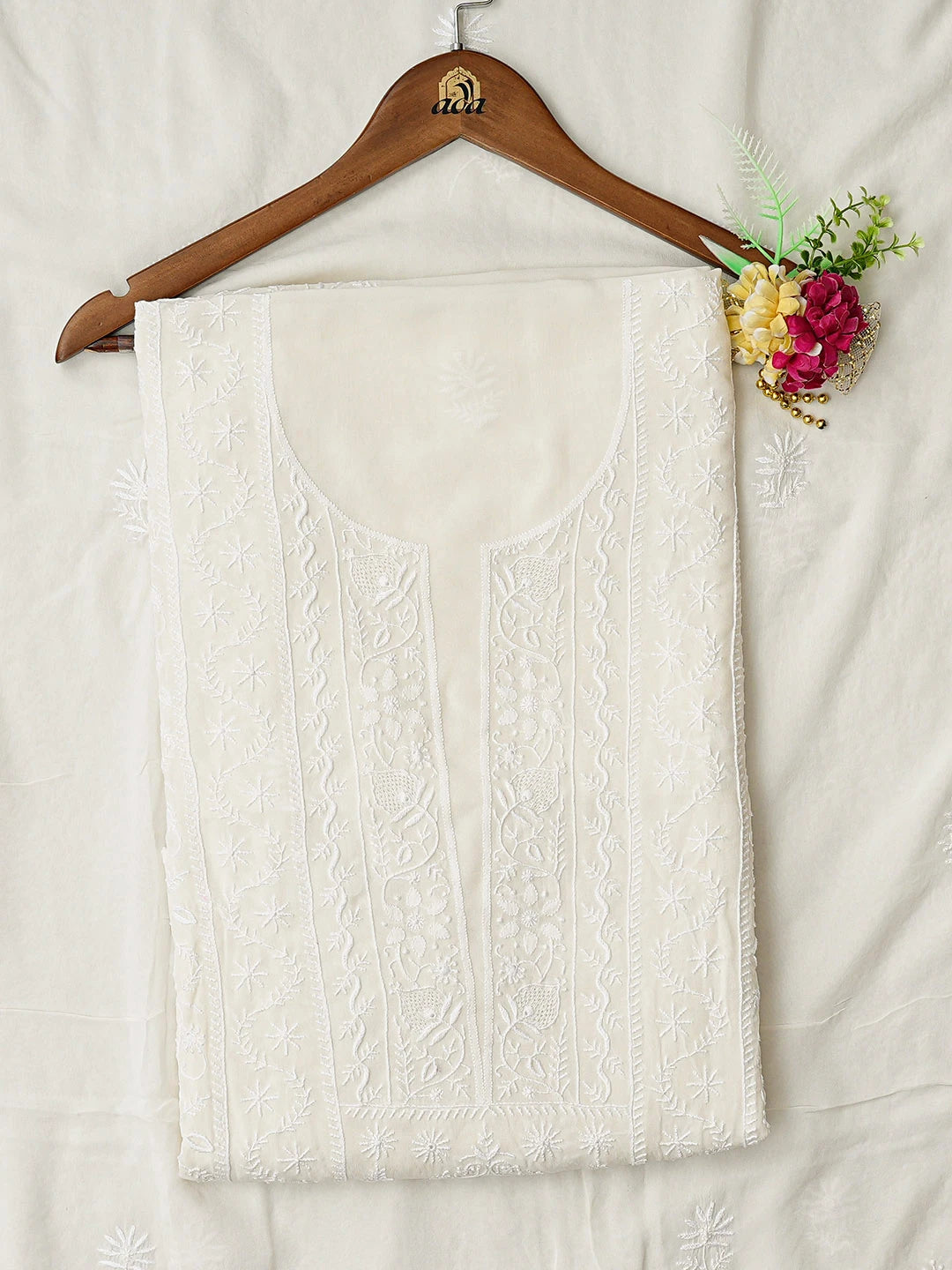 Ada Hand Embroidered White Ivory Pure Georgette Lucknowi Chikankari Unstitched Kurta Dupatta Set 01A856622