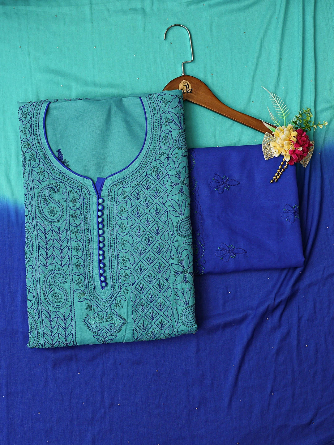 Ada Hand Embroidered Light Sea Green Cotton Lucknowi Chikankari Semi-stitched Suit Piece With Muqaish Work 01A856557
