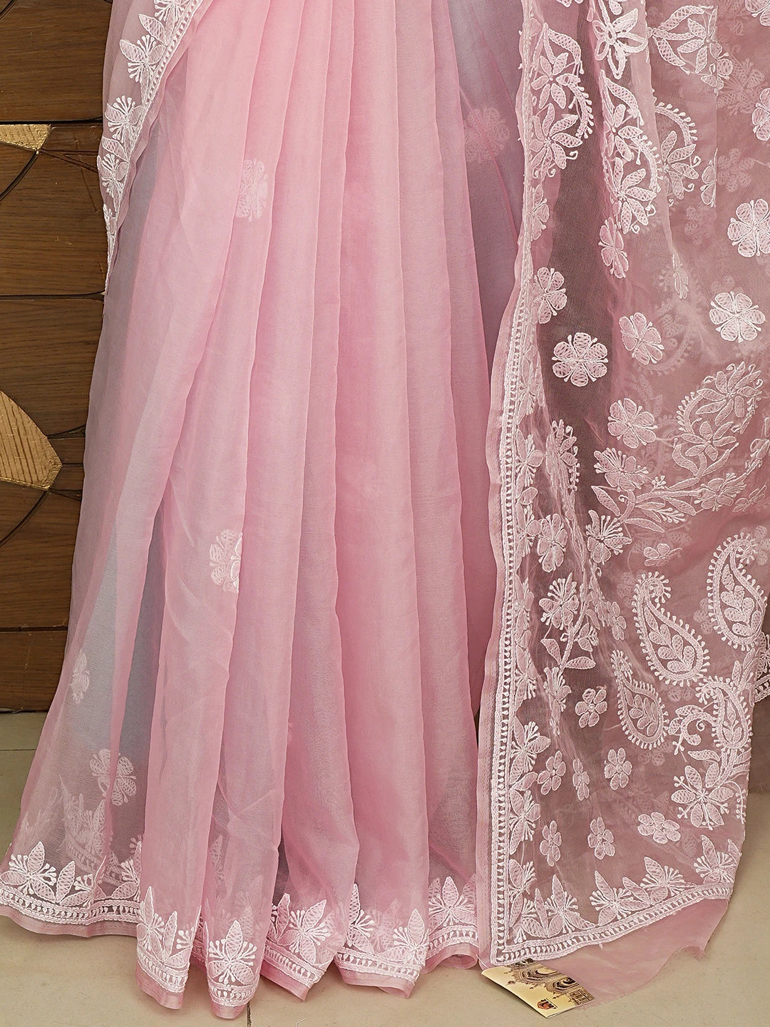 Ada Hand Embroidered Pink Organza Lucknowi Chikankari Saree and Blouse 01A794127