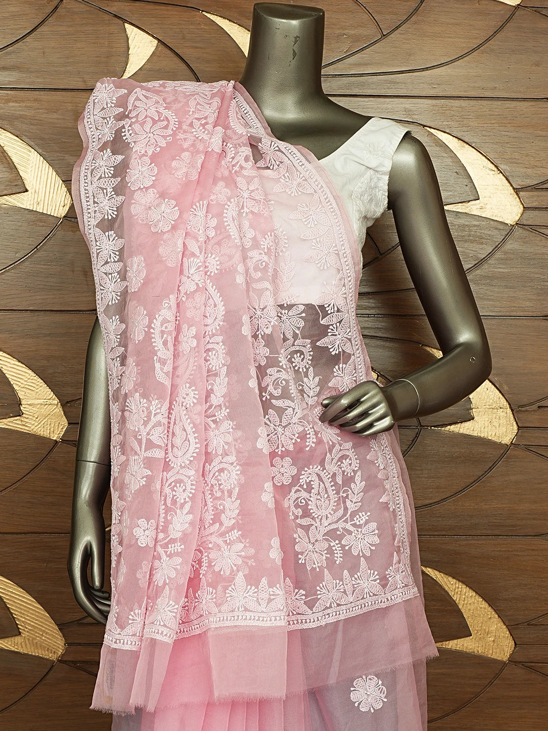 Ada Hand Embroidered Pink Organza Lucknowi Chikankari Saree and Blouse 01A794127