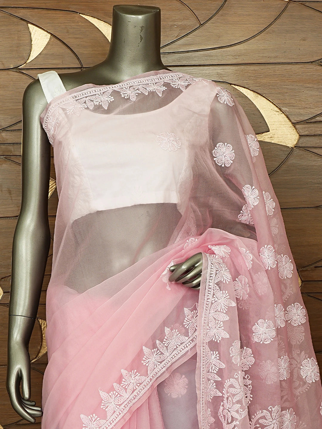 Ada Hand Embroidered Pink Organza Lucknowi Chikankari Saree and Blouse 01A794127
