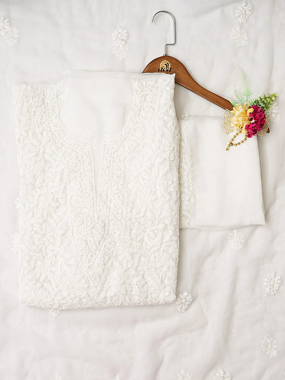 Ada Hand Embroidered White Georgette Lucknowi Chikankari Unstitched Suit Piece 01A779067