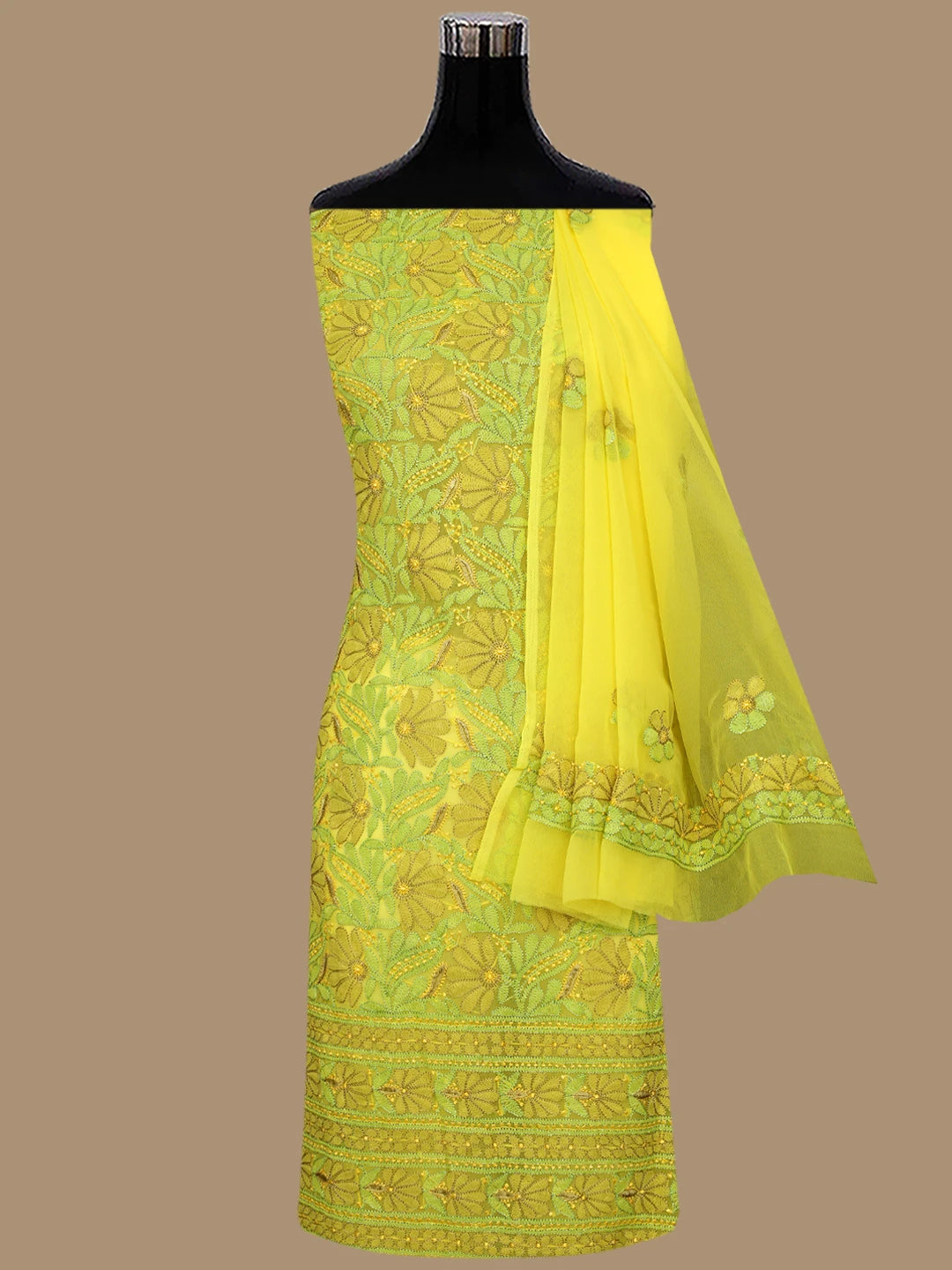 Ada Hand Embroidered Yellow Georgette Lucknowi Chikankari Unstitched Suit Piece 01A857265