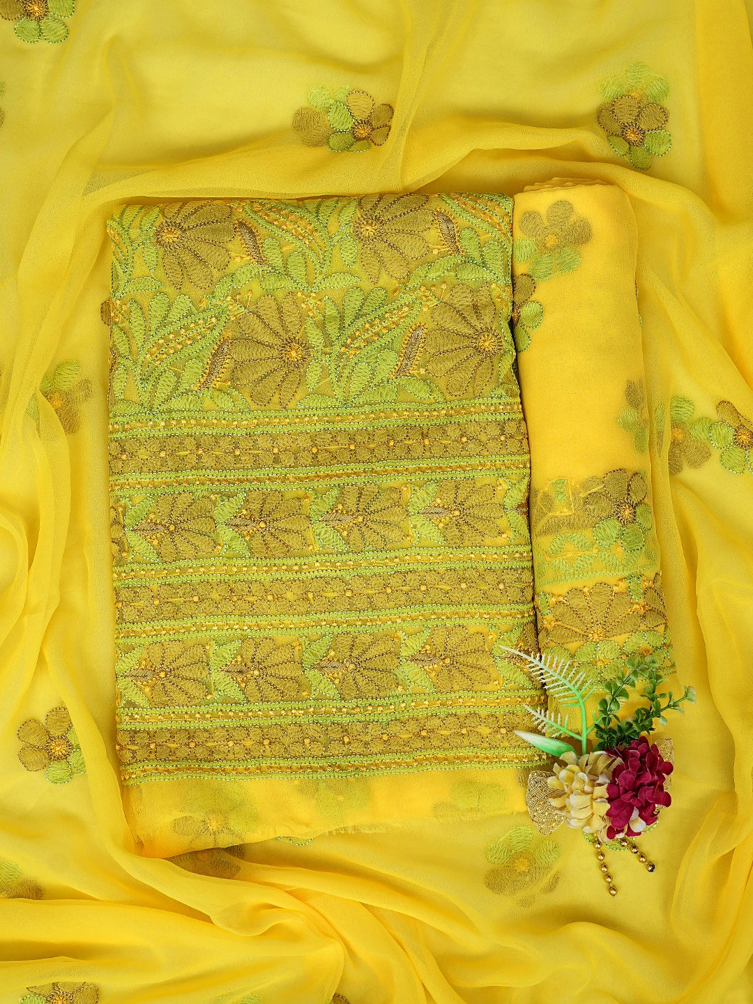 Ada Hand Embroidered Yellow Georgette Lucknowi Chikankari Unstitched Suit Piece 01A857265