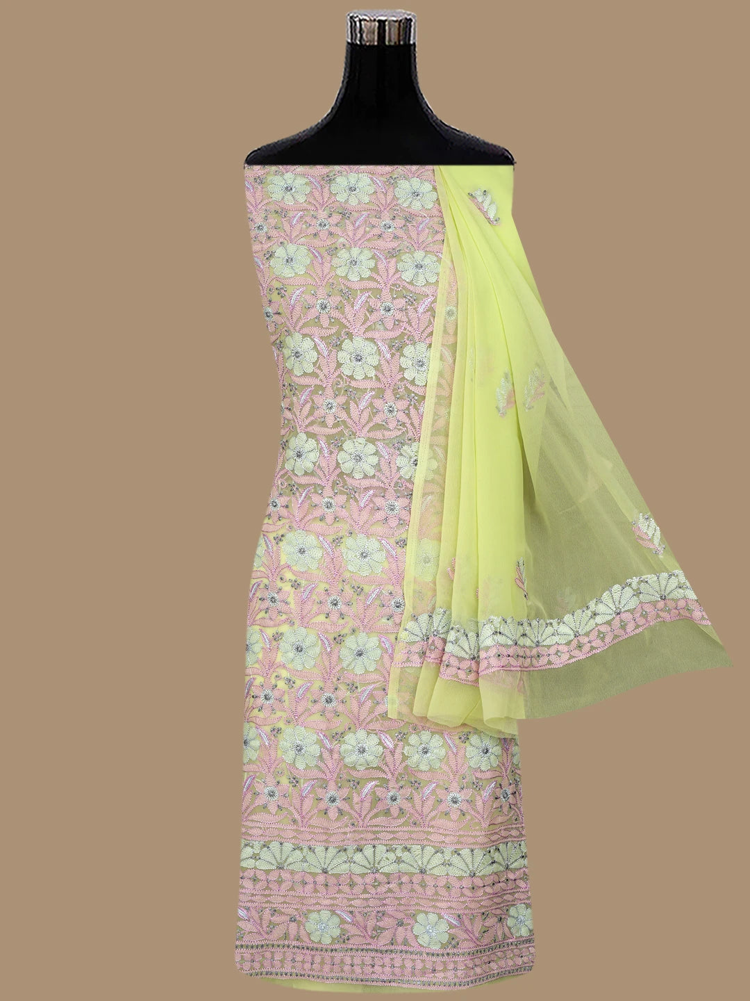 Ada Hand Embroidered Lime Green Georgette Lucknowi Chikankari Unstitched Suit Piece 01A857267
