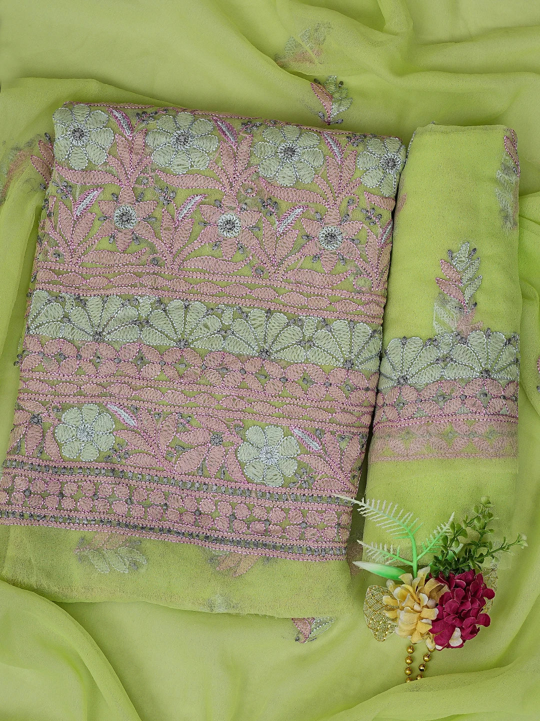 Ada Hand Embroidered Lime Green Georgette Lucknowi Chikankari Unstitched Suit Piece 01A857267