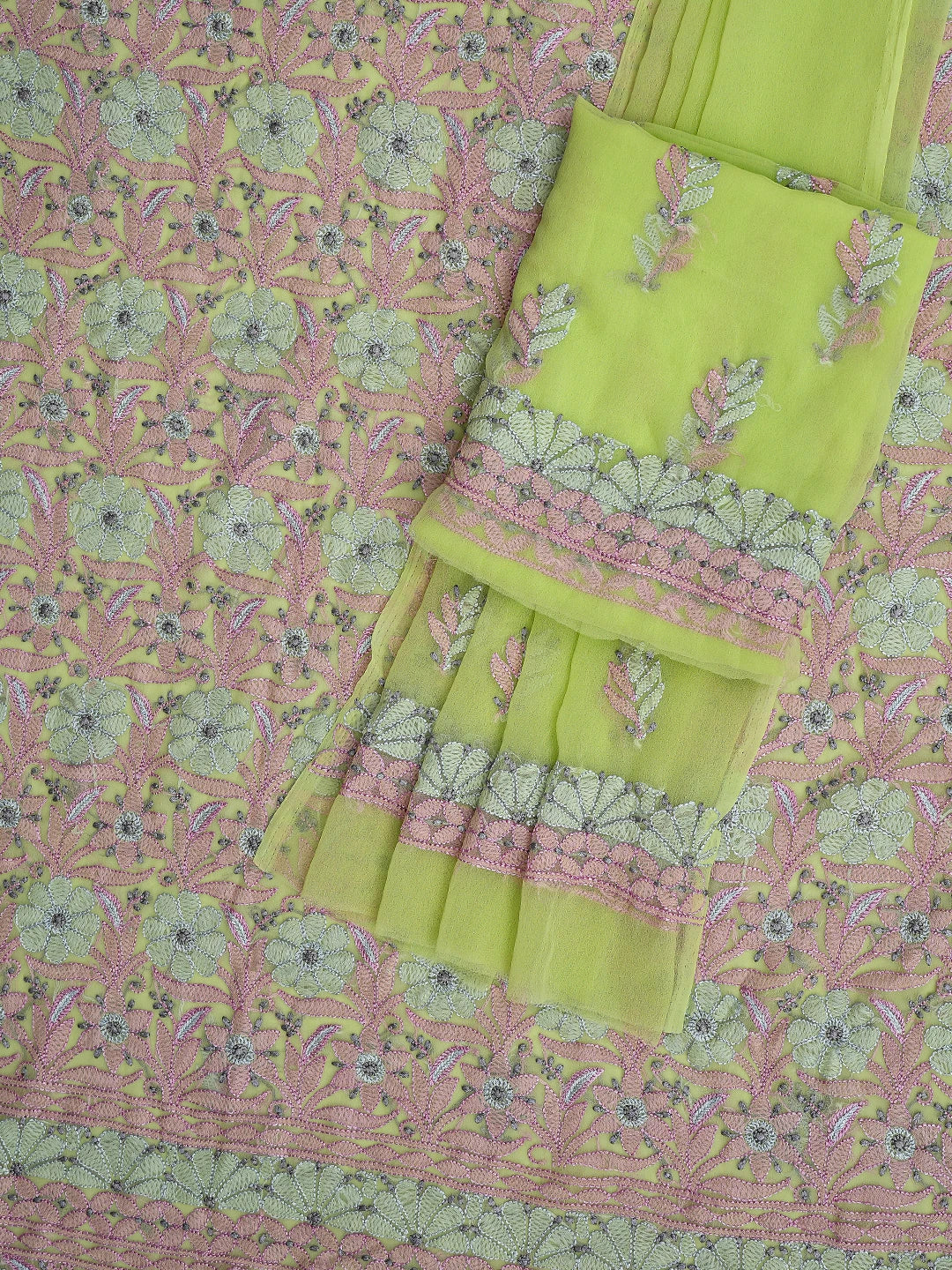 Ada Hand Embroidered Lime Green Georgette Lucknowi Chikankari Unstitched Suit Piece 01A857267