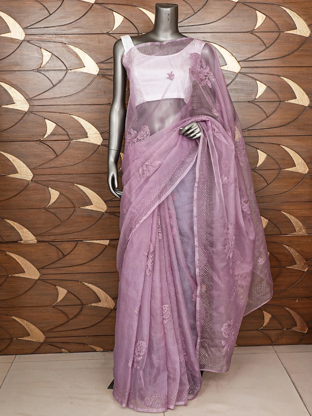 Ada Hand Embroidered Mauve Organza Lucknowi Chikankari Saree and Blouse With Mukaish Work 01A764336