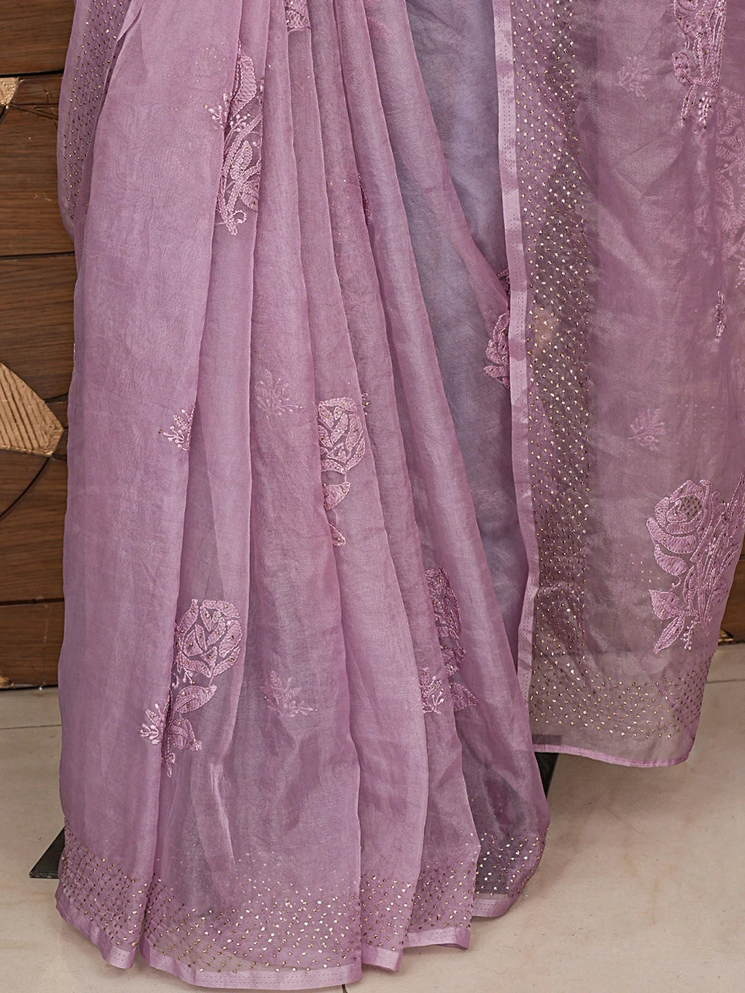 Ada Hand Embroidered Mauve Organza Lucknowi Chikankari Saree and Blouse With Mukaish Work 01A764336