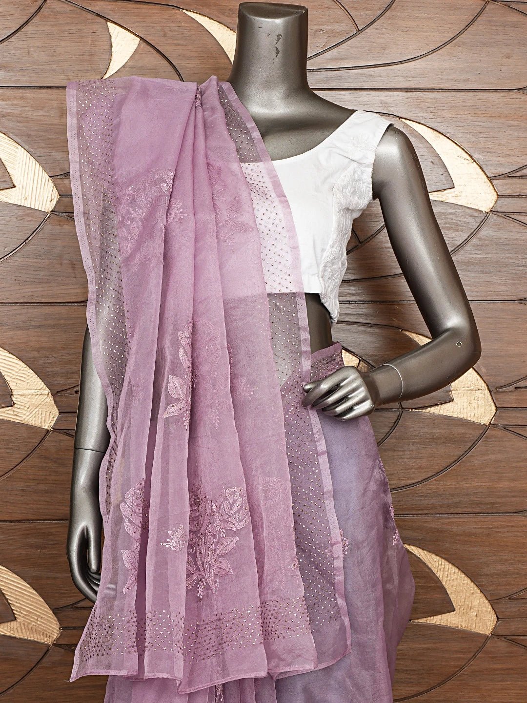 Ada Hand Embroidered Mauve Organza Lucknowi Chikankari Saree and Blouse With Mukaish Work 01A764336