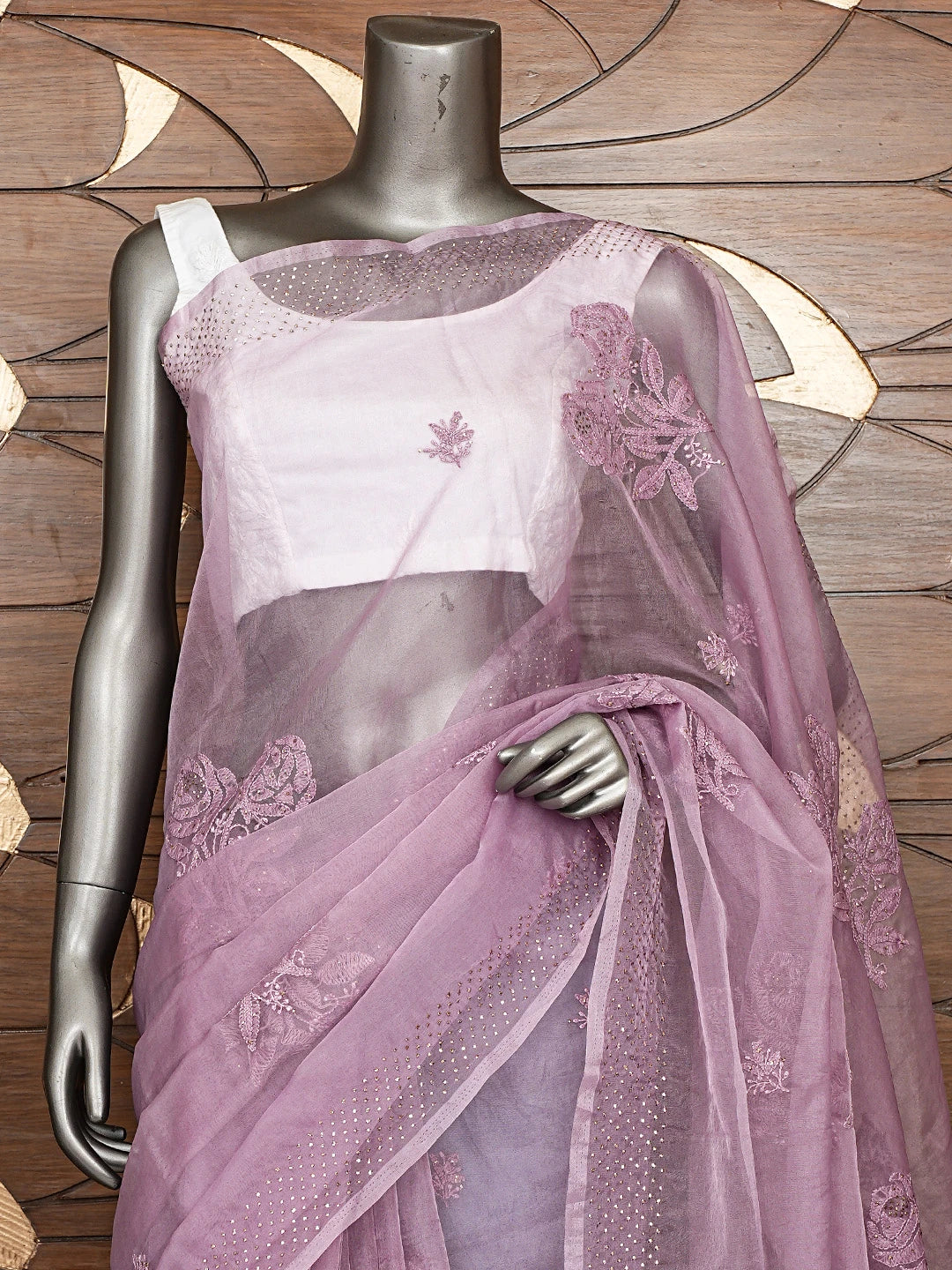 Ada Hand Embroidered Mauve Organza Lucknowi Chikankari Saree and Blouse With Mukaish Work 01A764336