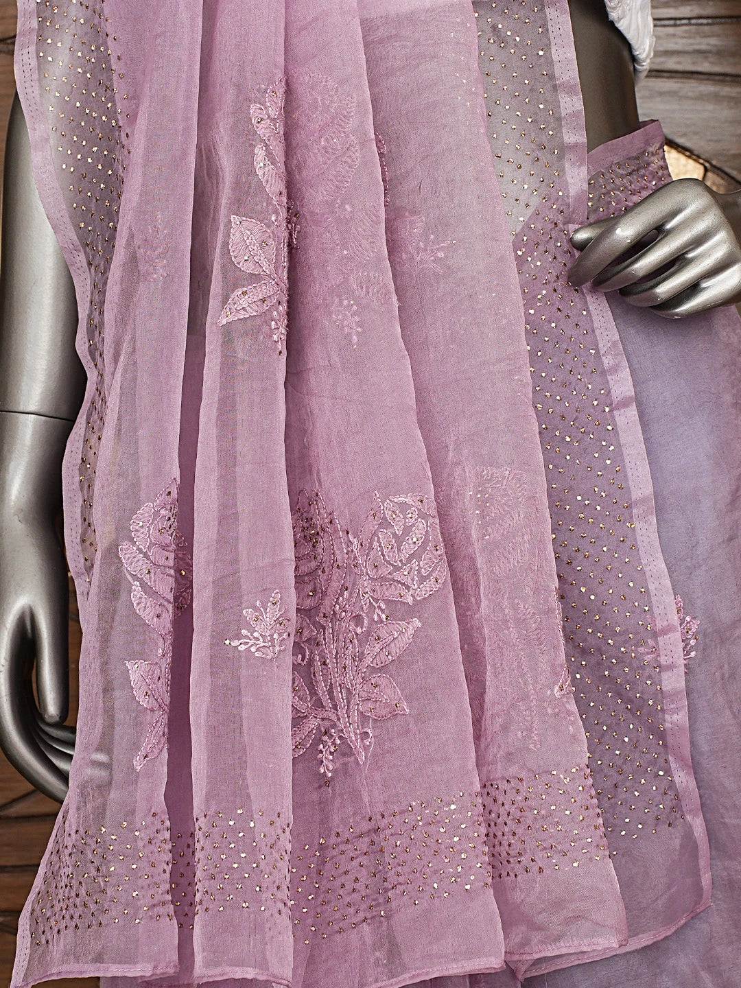 Ada Hand Embroidered Mauve Organza Lucknowi Chikankari Saree and Blouse With Mukaish Work 01A764336