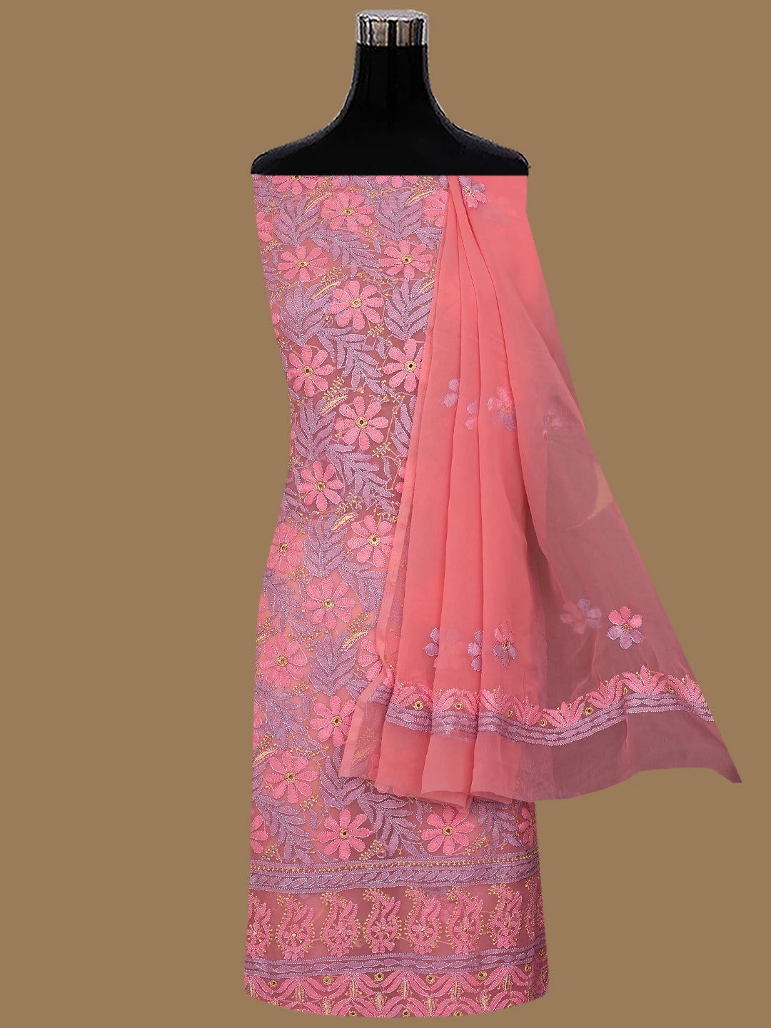 Ada Hand Embroidered Pink Georgette Lucknowi Chikankari Unstitched Suit Piece 01A857210