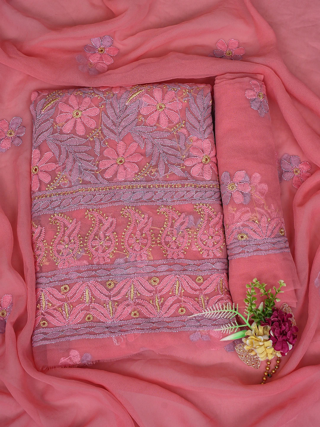 Ada Hand Embroidered Pink Georgette Lucknowi Chikankari Unstitched Suit Piece 01A857210