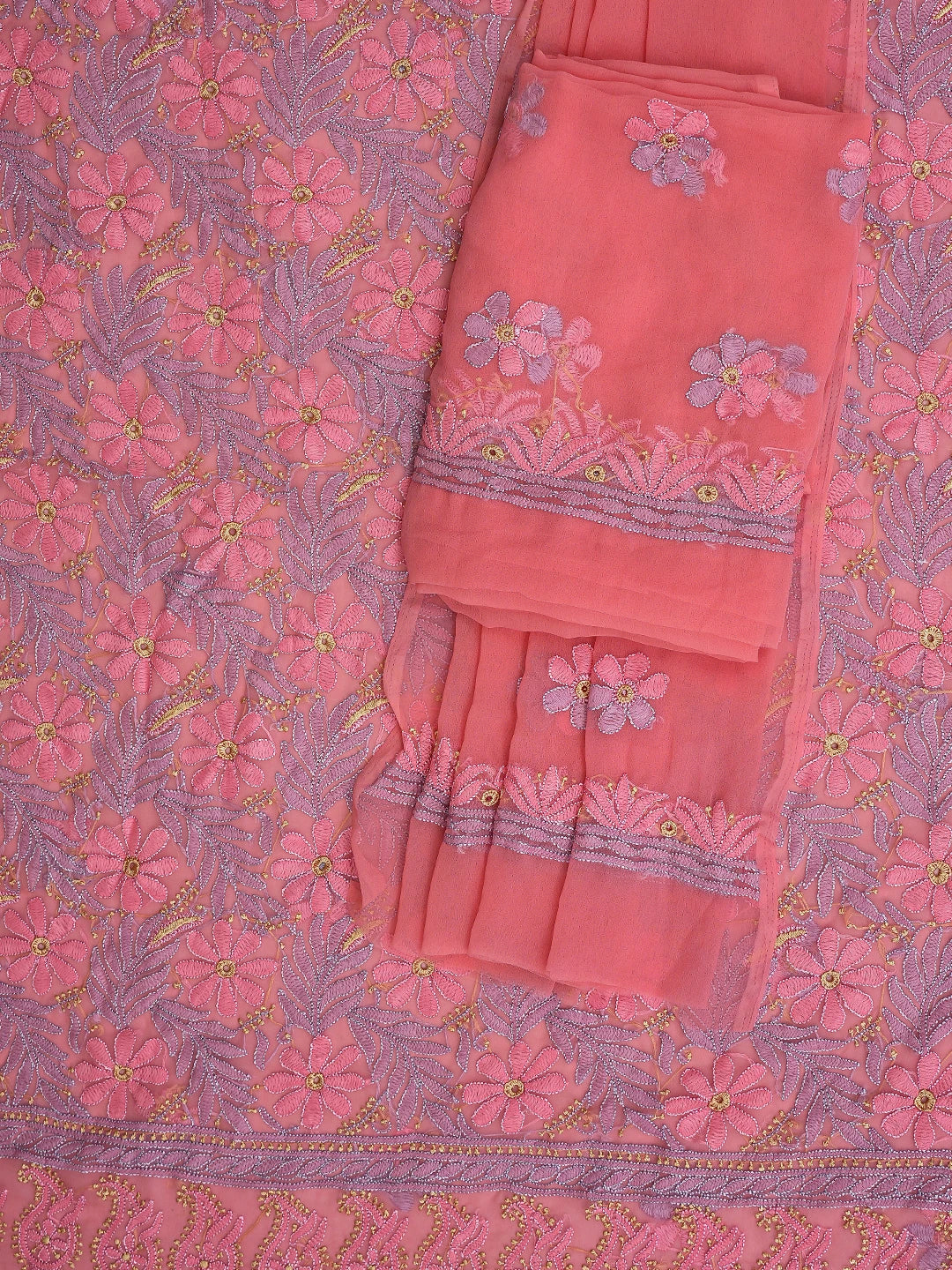 Ada Hand Embroidered Pink Georgette Lucknowi Chikankari Unstitched Suit Piece 01A857210