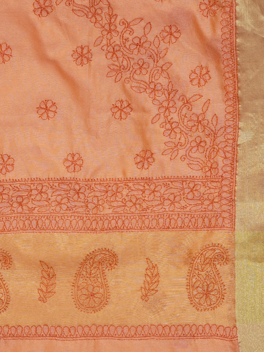 Ada Hand Embroidered Coral Orange Chanderi Lucknowi Chikankari Saree and Blouse 01A780602