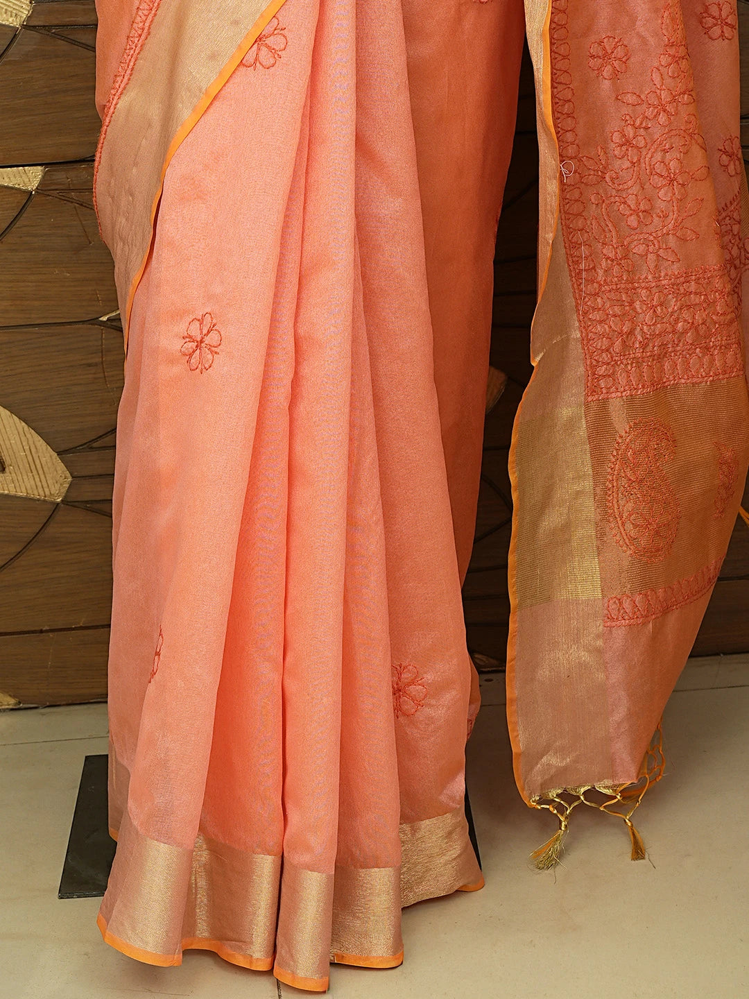 Ada Hand Embroidered Coral Orange Chanderi Lucknowi Chikankari Saree and Blouse 01A780602