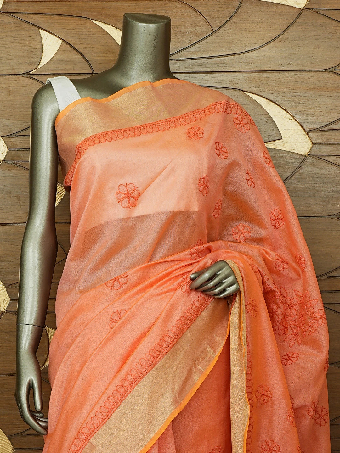 Ada Hand Embroidered Coral Orange Chanderi Lucknowi Chikankari Saree and Blouse 01A780602