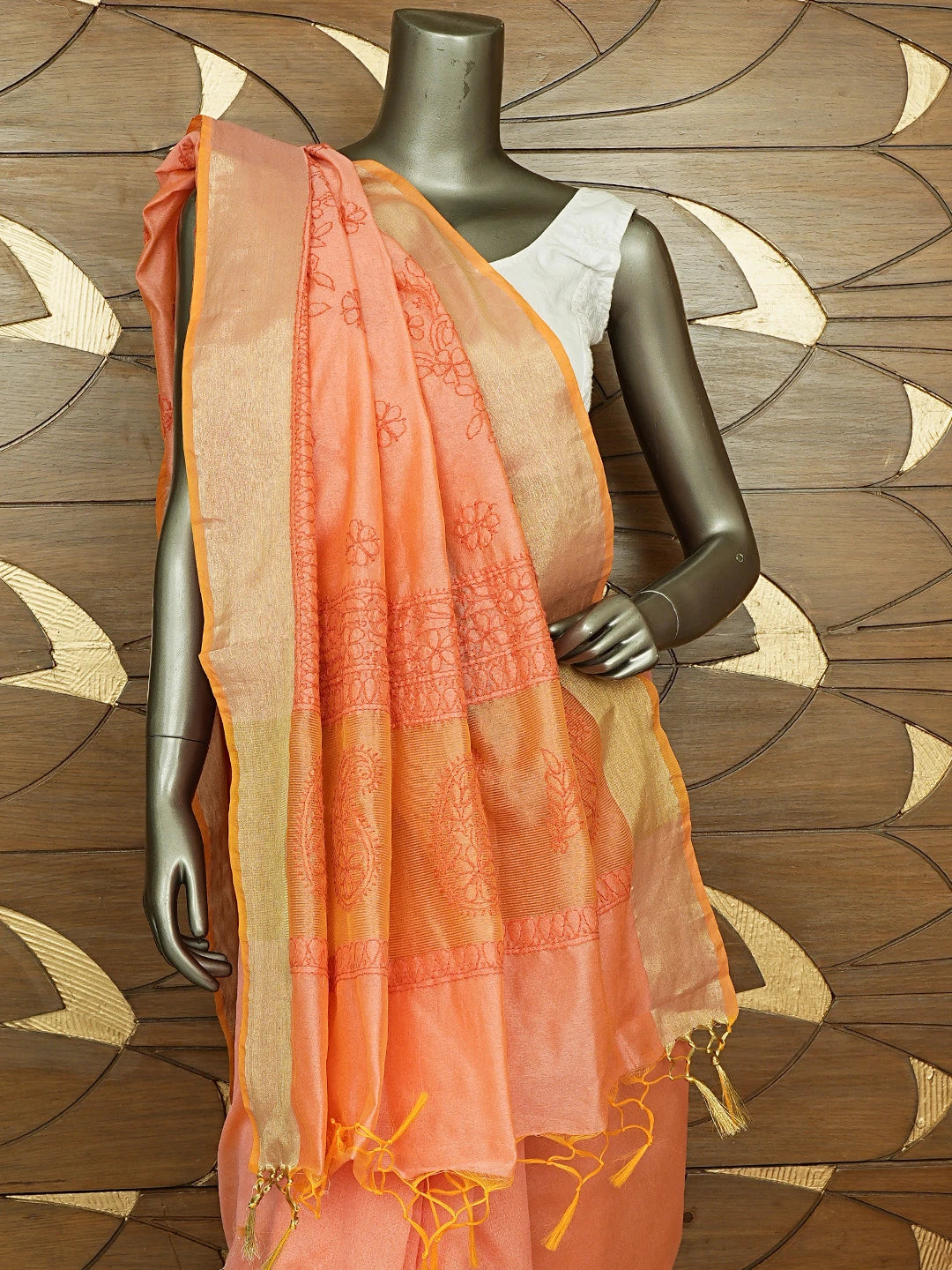 Ada Hand Embroidered Coral Orange Chanderi Lucknowi Chikankari Saree and Blouse 01A780602