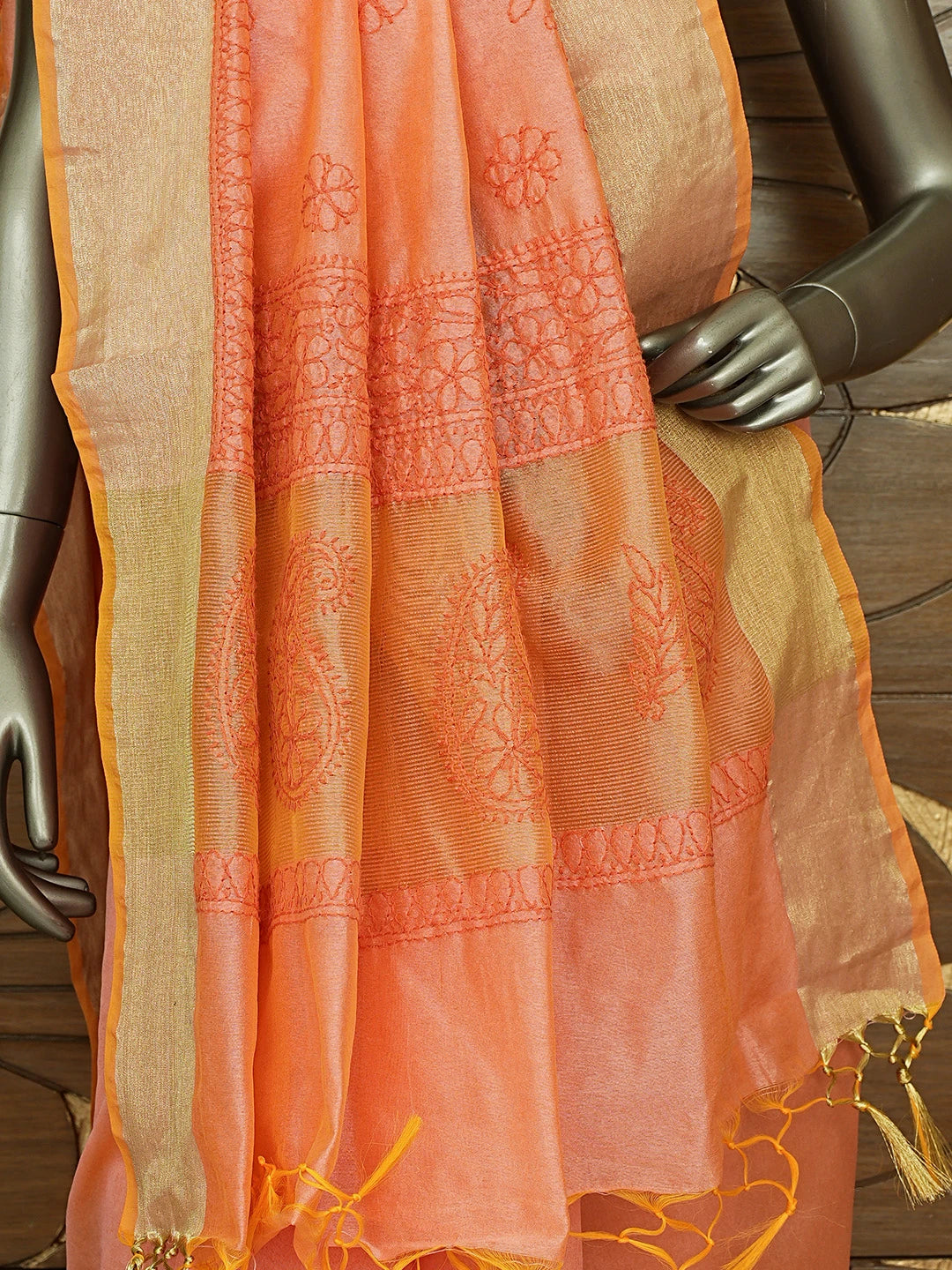 Ada Hand Embroidered Coral Orange Chanderi Lucknowi Chikankari Saree and Blouse 01A780602