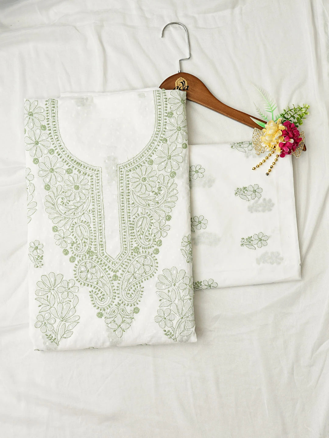 Ada Hand Embroidered White Cotton Lucknowi Chikankari Unstitched Suit Piece 01A836834