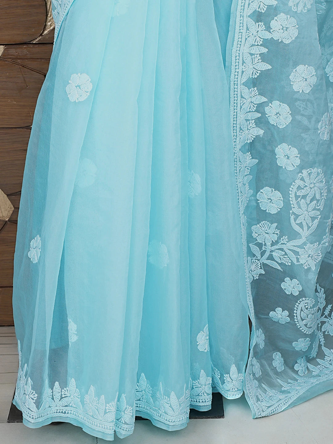 Ada Hand Embroidered Sky Blue Organza Lucknowi Chikankari Saree and Blouse 01A794130