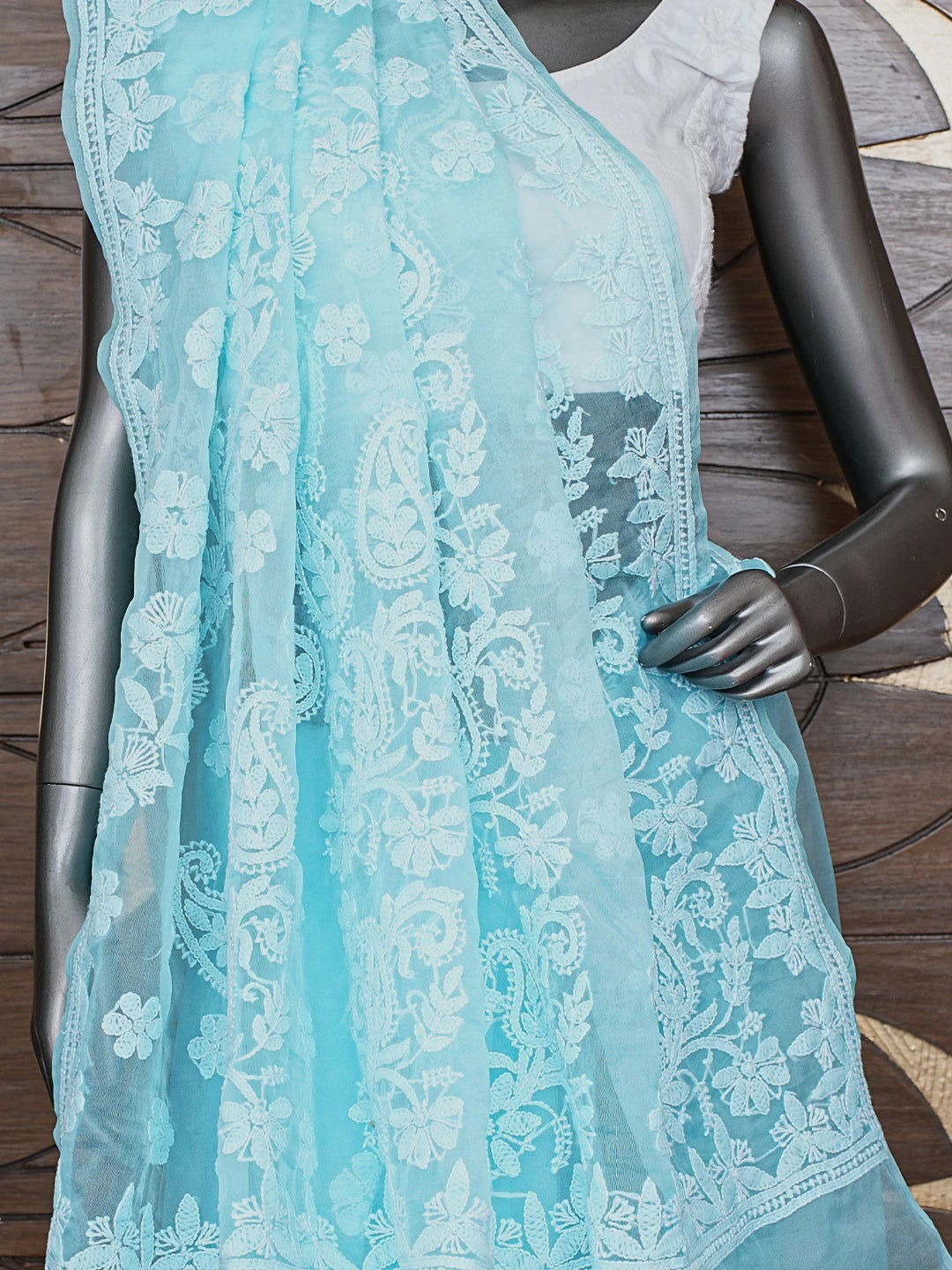Ada Hand Embroidered Sky Blue Organza Lucknowi Chikankari Saree and Blouse 01A794130