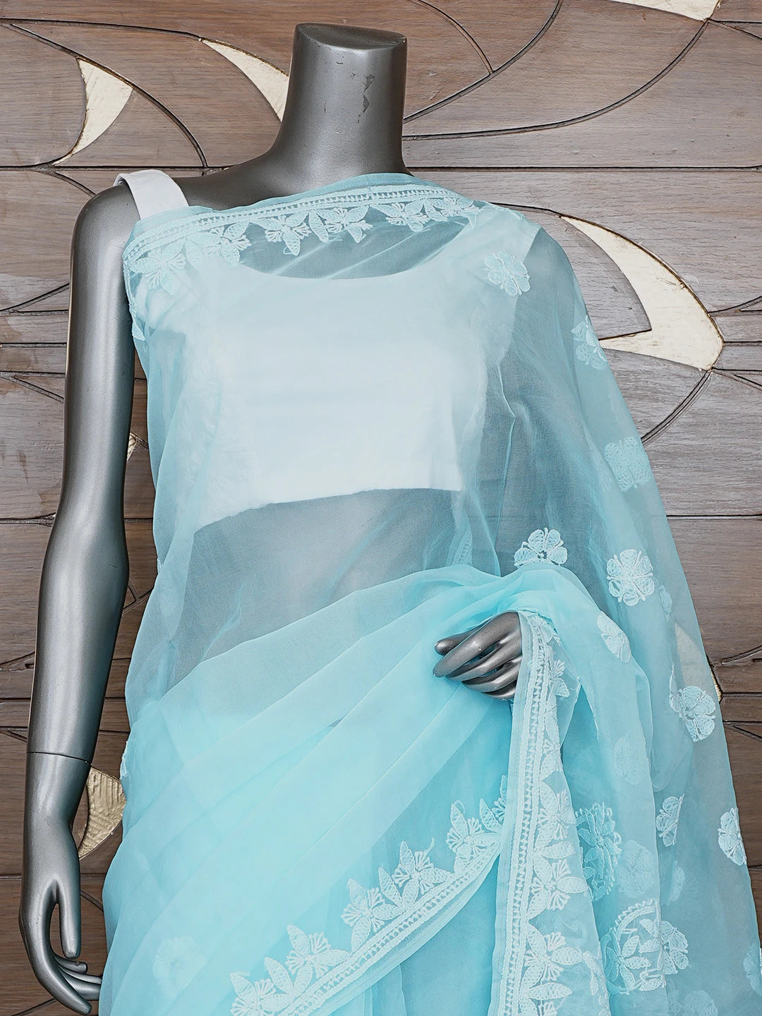 Ada Hand Embroidered Sky Blue Organza Lucknowi Chikankari Saree and Blouse 01A794130