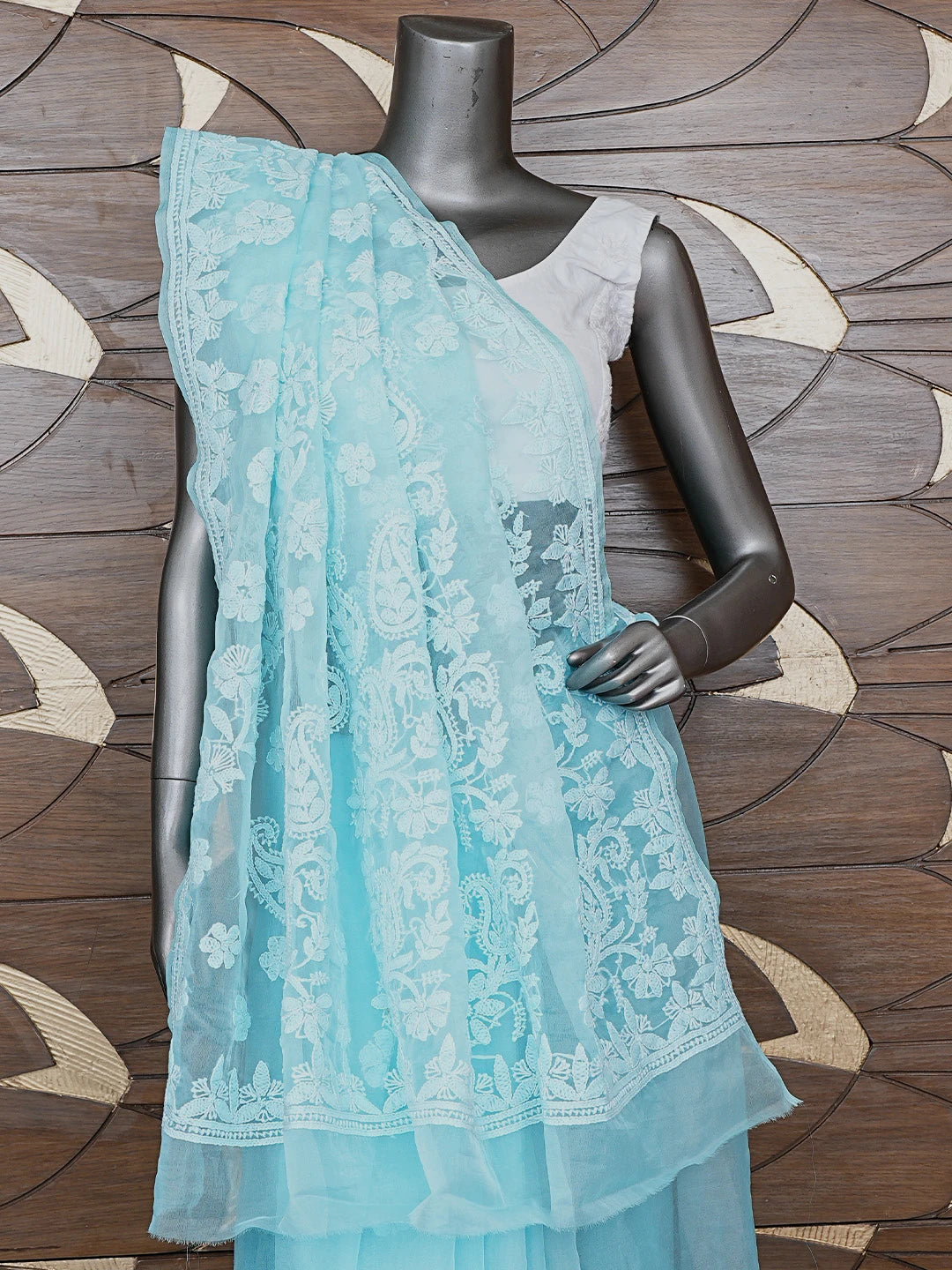 Ada Hand Embroidered Sky Blue Organza Lucknowi Chikankari Saree and Blouse 01A794130
