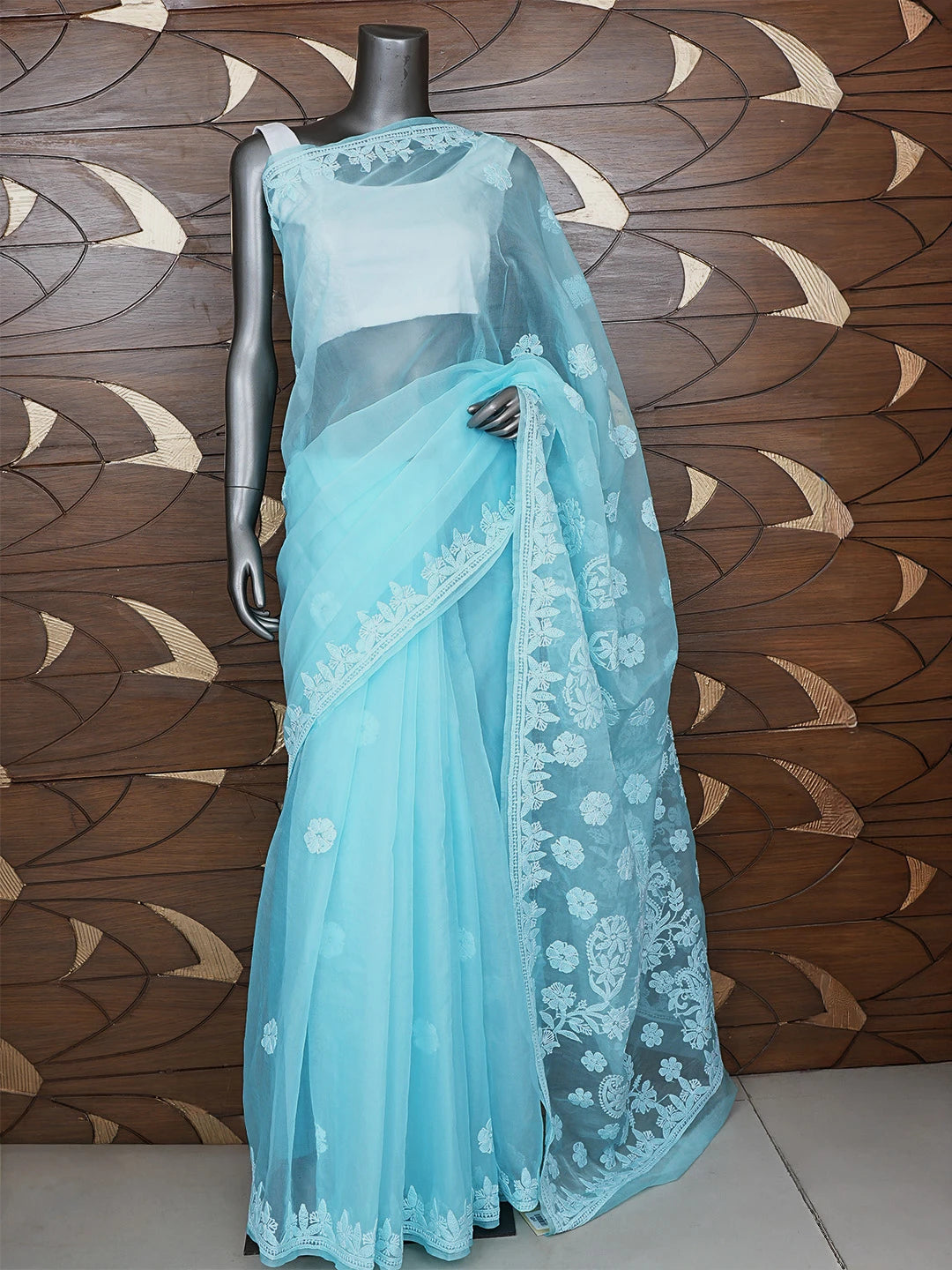 Ada Hand Embroidered Sky Blue Organza Lucknowi Chikankari Saree and Blouse 01A794130