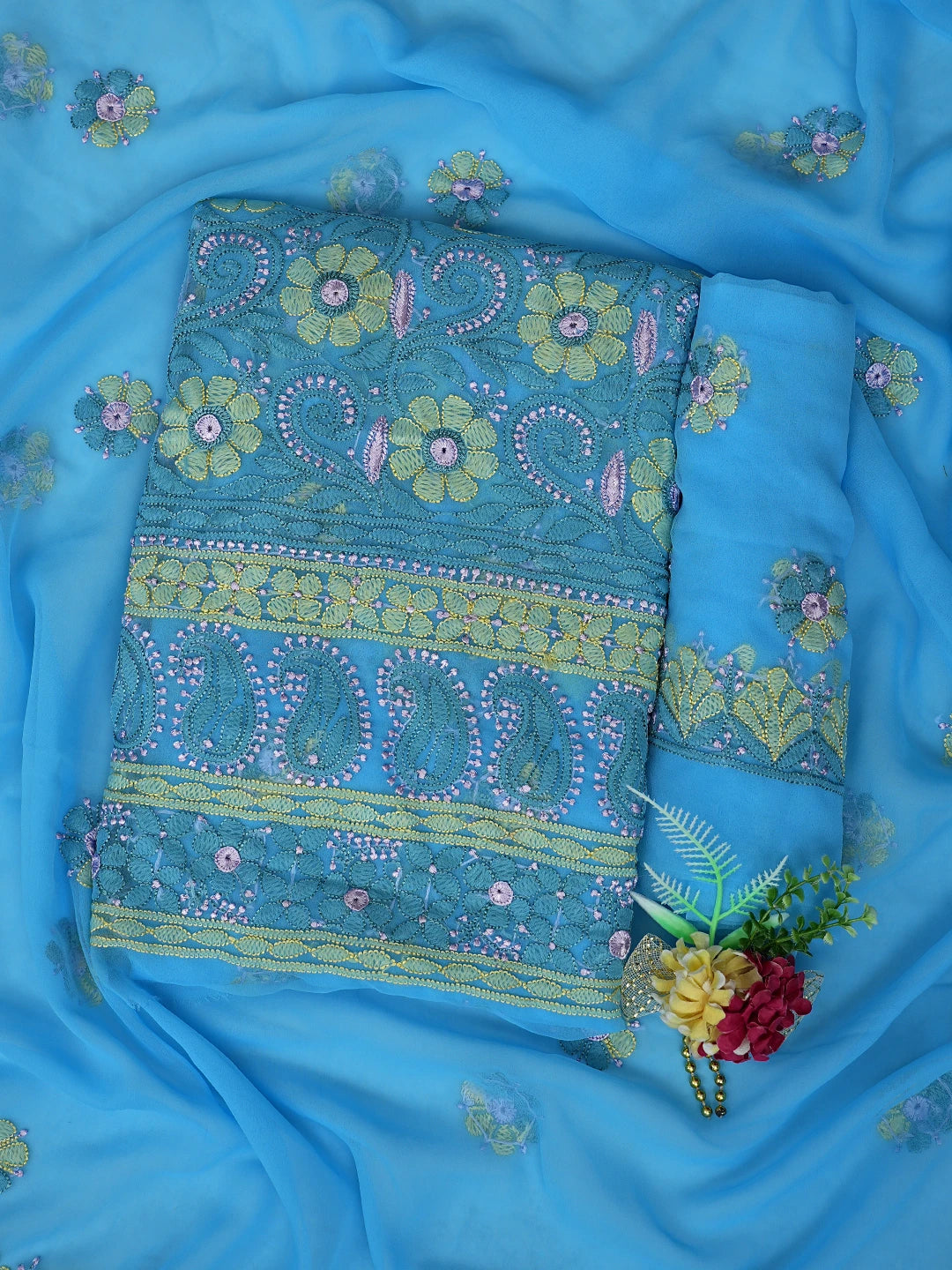 Ada Hand Embroidered Blue Georgette Lucknowi Chikankari Unstitched Suit Piece 01A857260