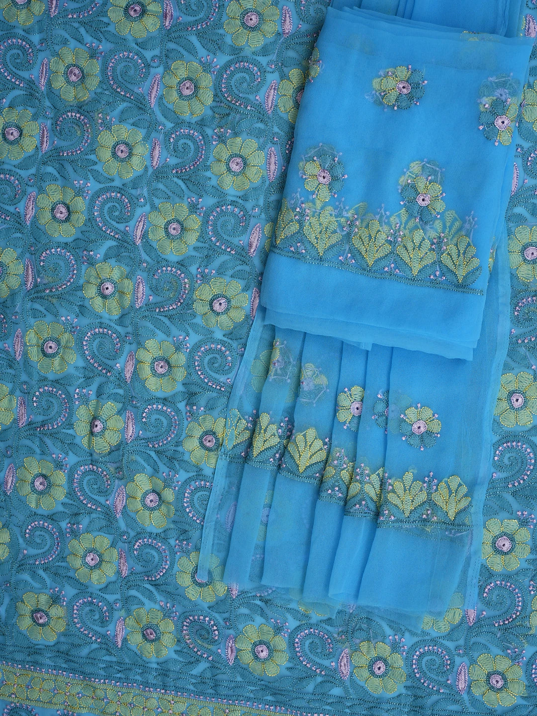 Ada Hand Embroidered Blue Georgette Lucknowi Chikankari Unstitched Suit Piece 01A857260